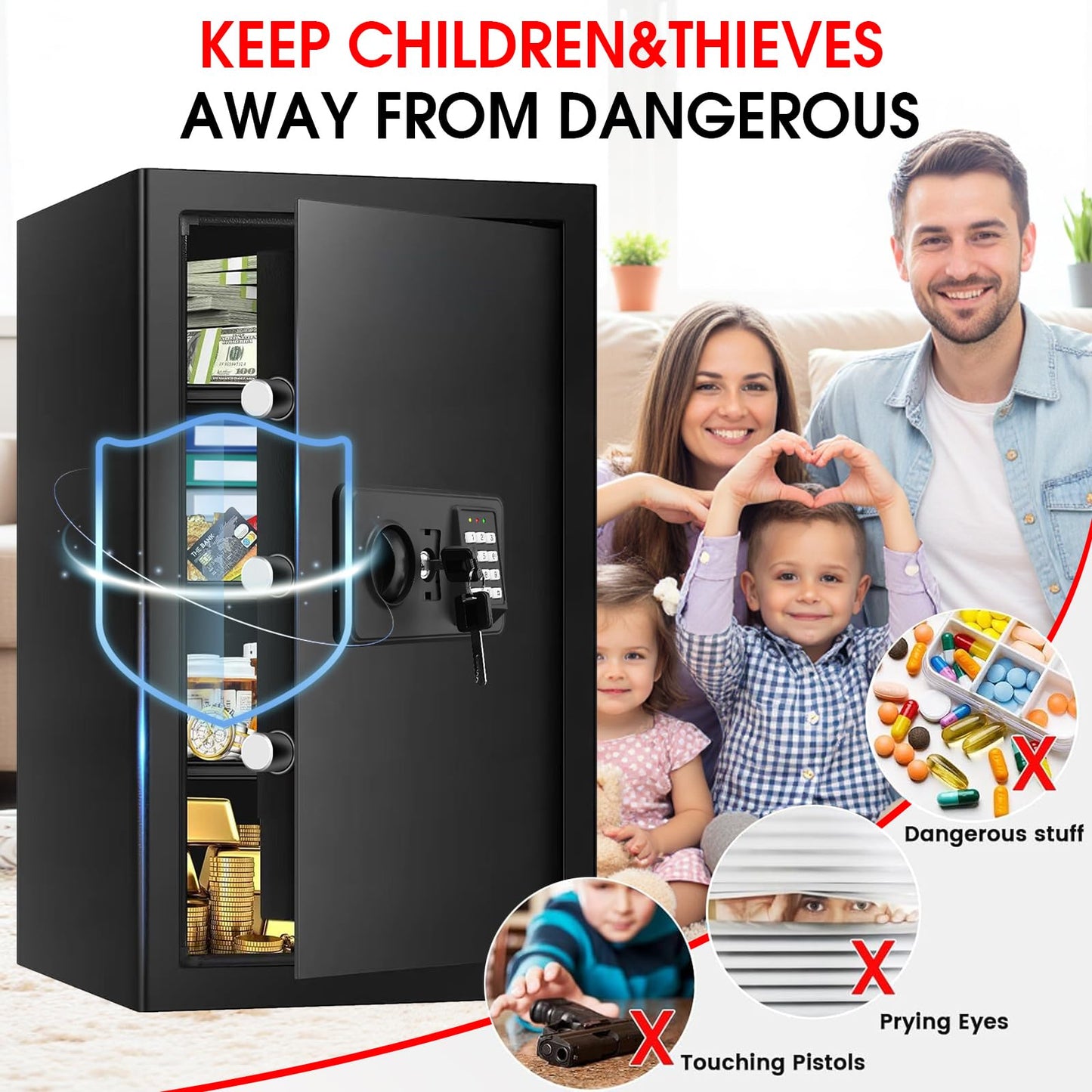 5.1 Cuft Large Home Safes Water and Fireproof with Digital Keypad & Key Lock, Fire Security Safes with 3 Removable Shelves, Anti-Pry Safe Box for Money Documents Jewelry, 23.62"H x14.96"W x 12.2"D