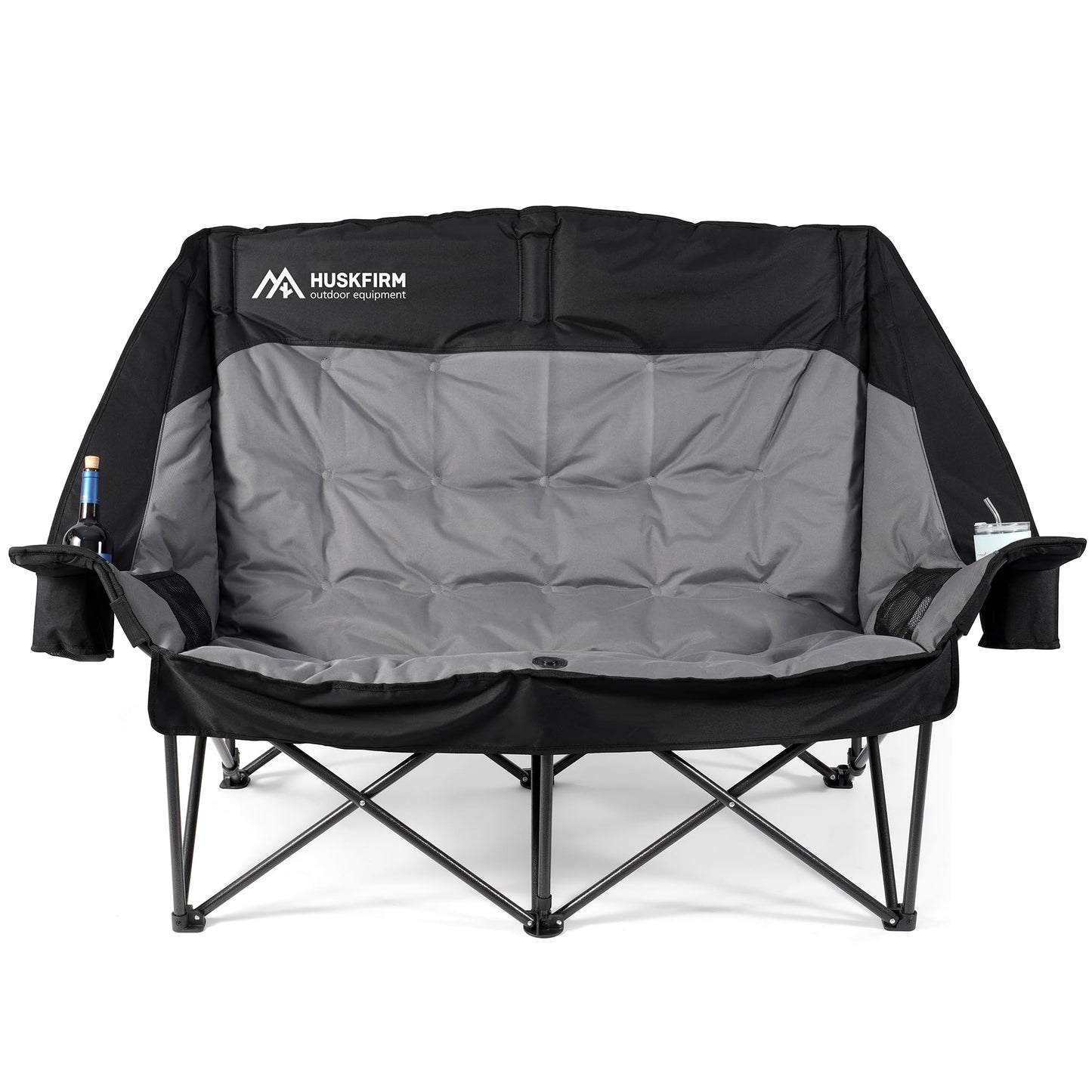 Huskfirm High Back Double Camping Chair 2 Person Camping Chair Low Seat Loveseat Camping Chair Fully Padded Oversized Camping Couch for Adults - Supports 650 LBS with Cup Holders Carry Bag - Black