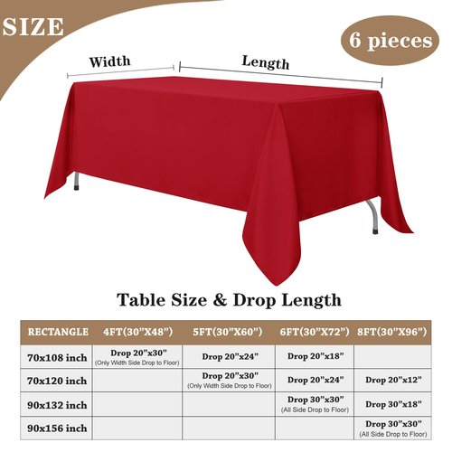 Fitable Red Rectangle Tablecloths for 6 Foot Tables, 6 Pack - 70 x 108 Inches - Stain Resistant and Washable Table Clothes, Polyester Fabric Table Covers for Wedding, Party, Banquet, Buffect