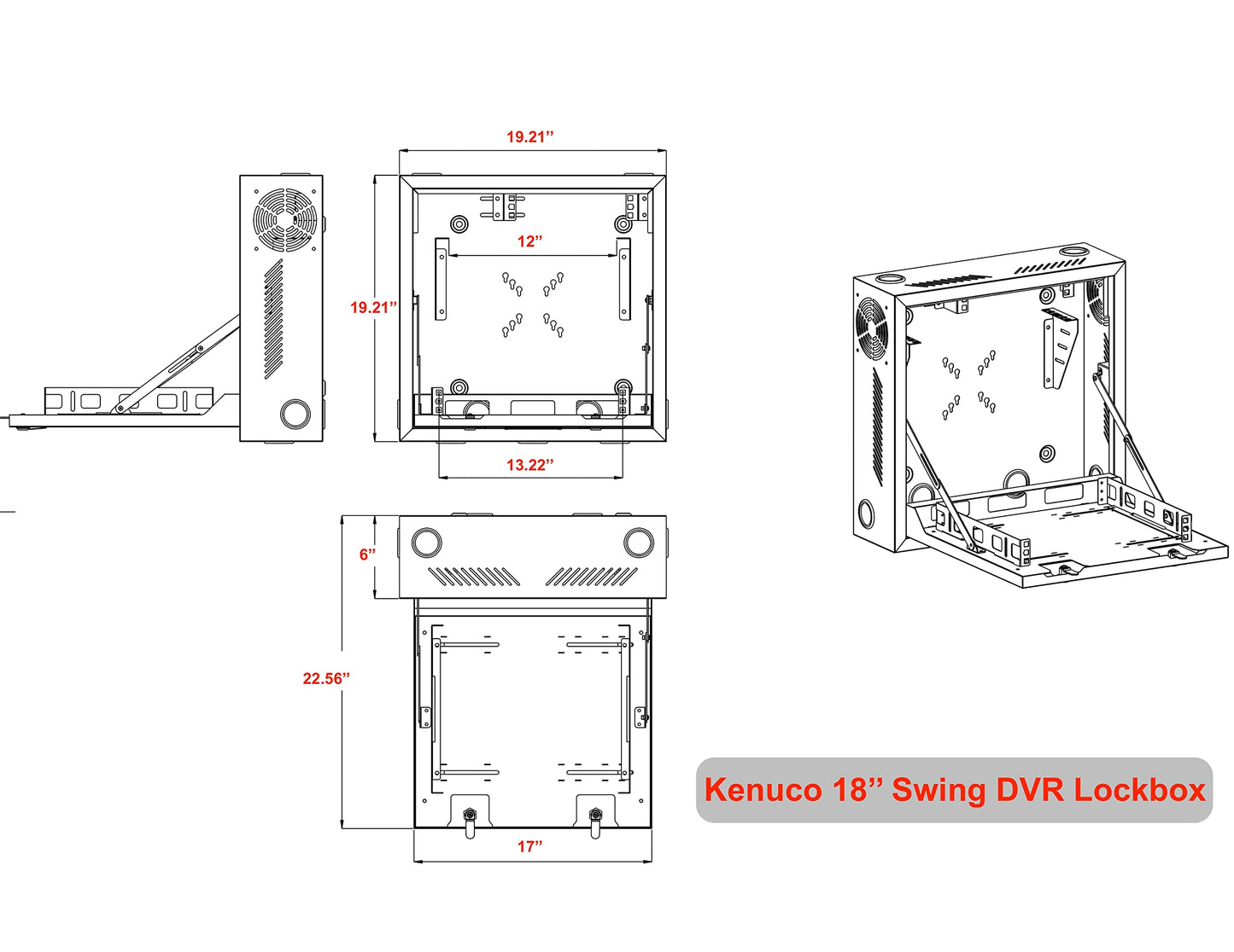 Kenuco Heavy Duty 16 Gauge Steel DVR Security Lockbox with Fan and Swing Open Top (18'' x 18'' x 5'' White)