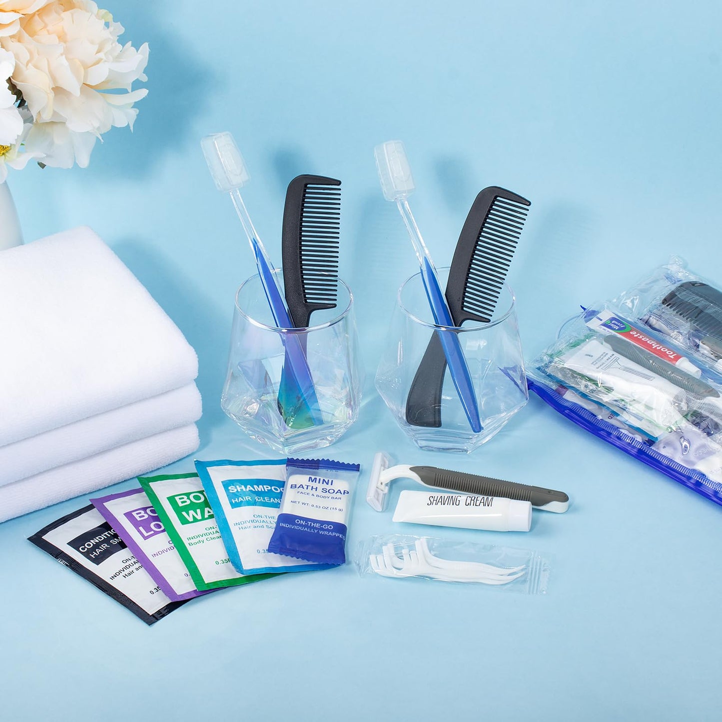 Xuezoioy Personal Hygiene Kit Bulk Pack of 100,Individually Wrapped 13-IN-1 Blue Disposable Basic Travel Toiletry Set Homeless Care Package Supplies for Men,Women,Guests,Charity