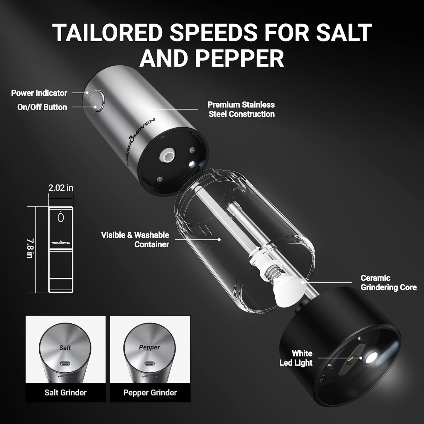 ThermoMaven Electric Salt and Pepper Grinder Set - Rechargeable 110ml Mill with 6 Coarseness Levels | Black, 2-Pack