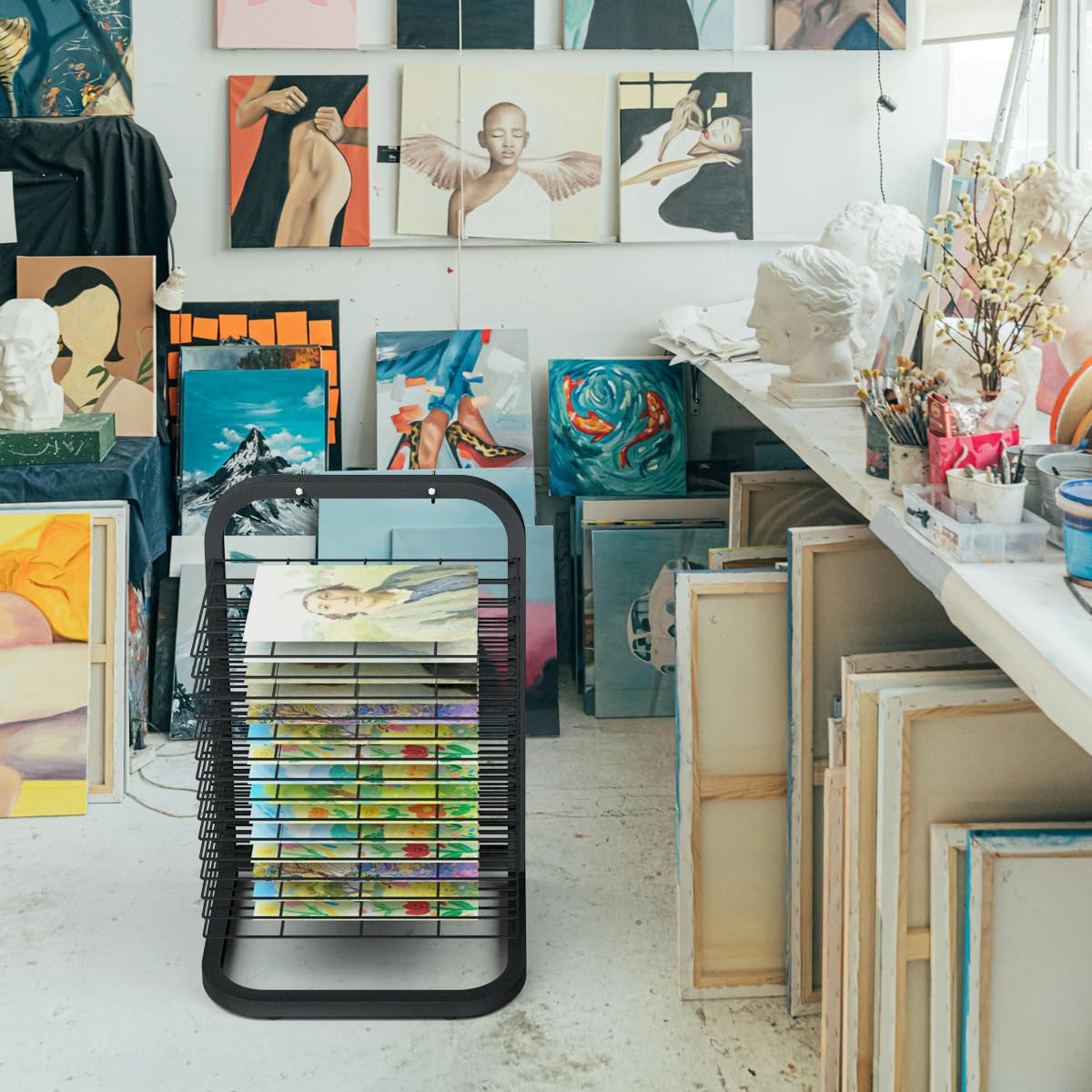 INNOVART 15 Shelves Art Drying Rack for Classroom Club Painting Crafts, Metal Desktop Drying Rack for Art, Black Painting Drying & Artwork Storage Racks for Home, Classroom, Studio, Craft Room