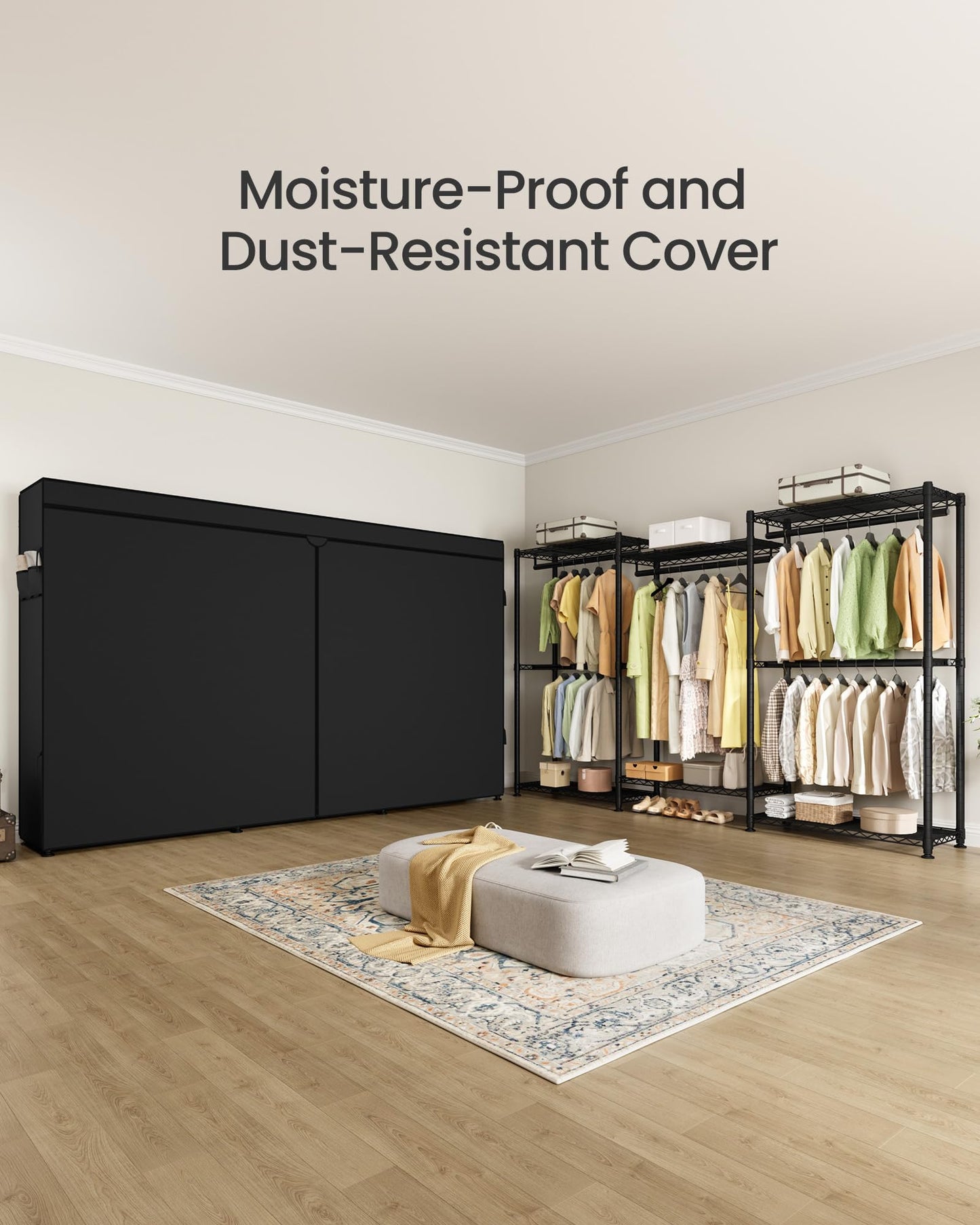 SONGMICS Heavy-Duty Rolling Clothes Rack, Garment Rack, Portable Closet, with Adjustable Mesh Shelves and Hanging Rails, Fabric Cover, 15.8 x 86.4 x 76 Inches, Ink Black ULGR437BH01