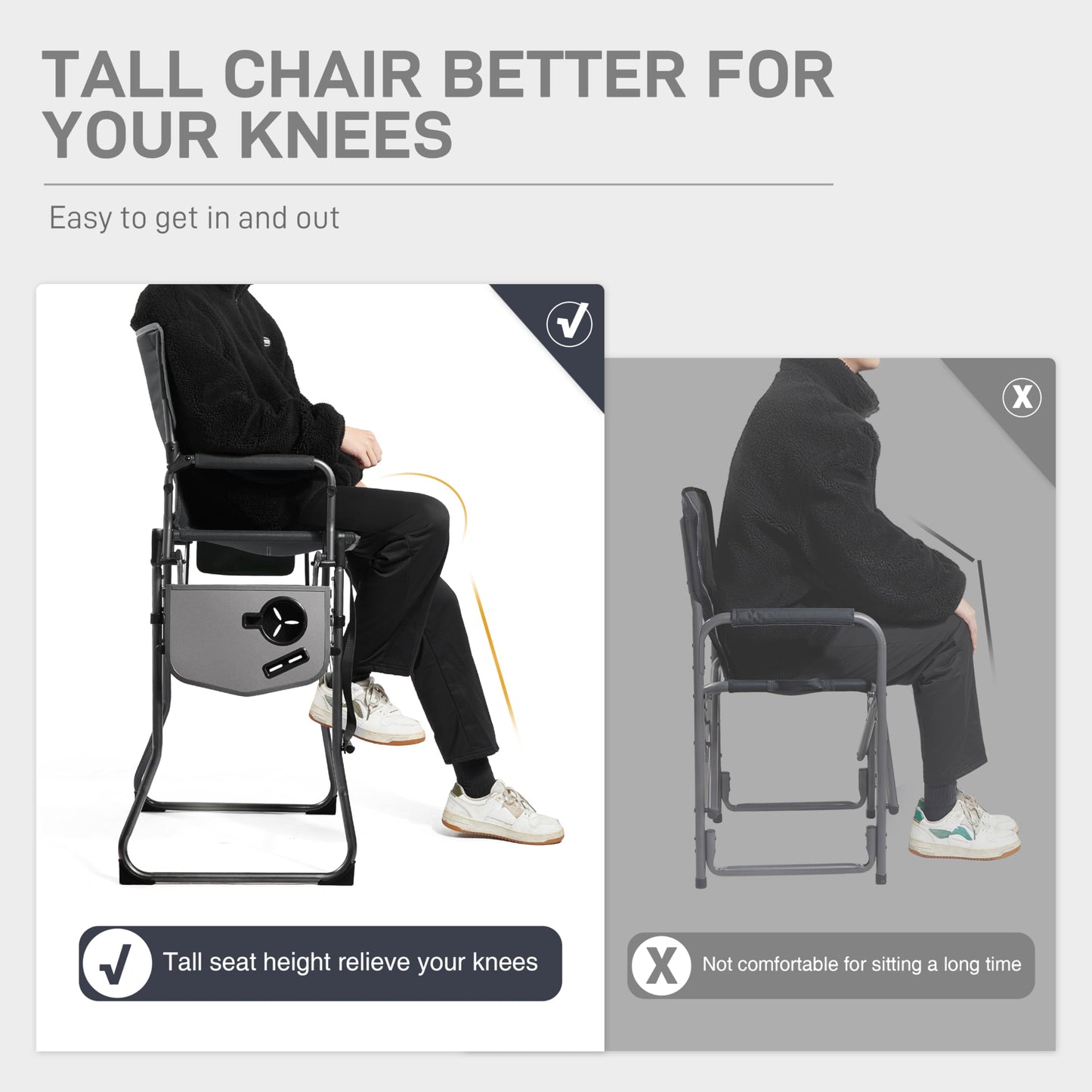 EVER ADVANCED Portable 30.7" Seat Height Tall Folding Camping Chair Directors Chair High Foldable Bar Stool with Side Table for Makeup Artist, Sports Event, Craft Show, Supports 350LBS