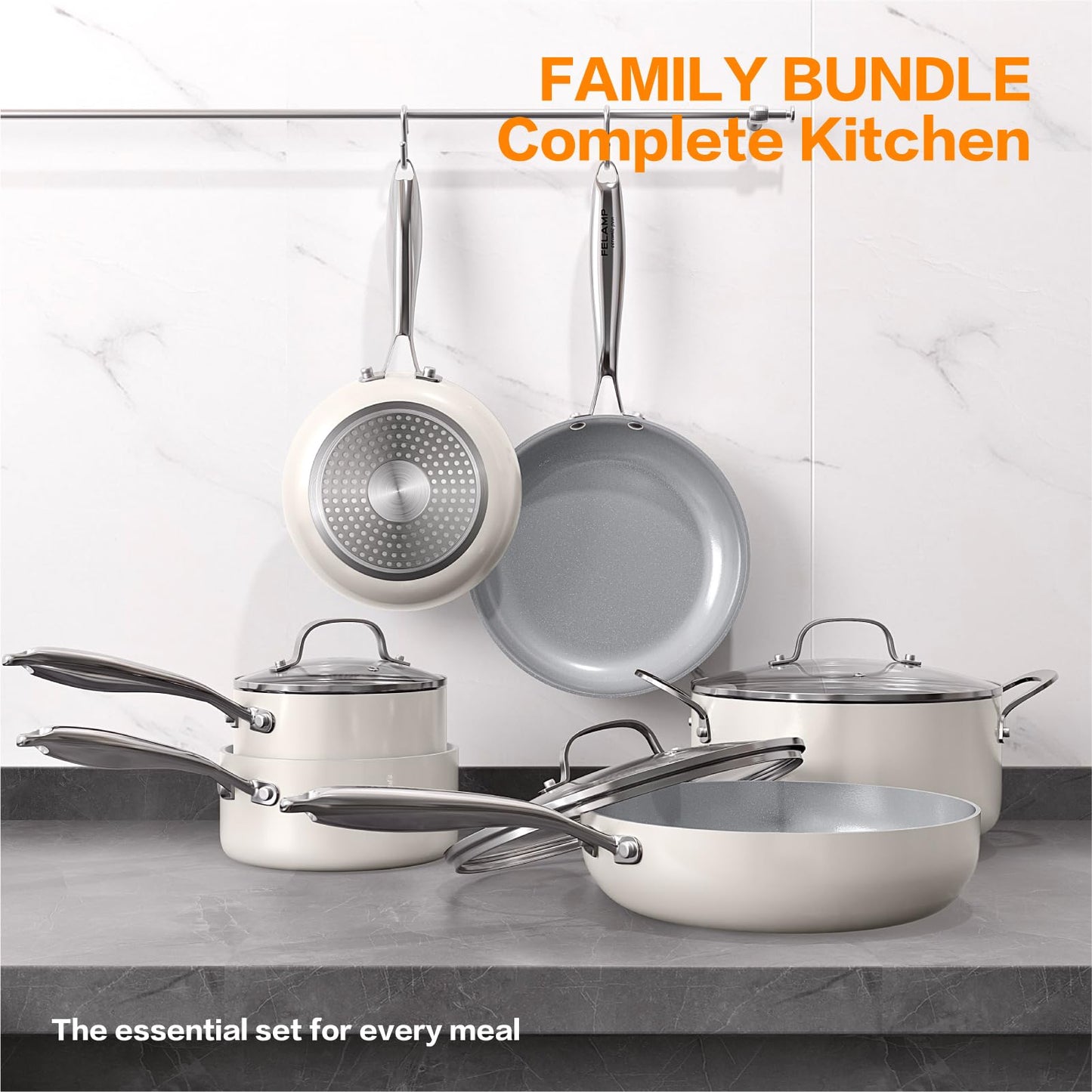 FELAMP Ceramic Nonstick Cookware Set, 10-Piece Non Toxic Pots and Pans Set with Glass Lids, PFOA-Free Healthy Kitchen Ware, Induction Compatible & Oven Safe, Easy Clean Dishwasher Safe - Cream White