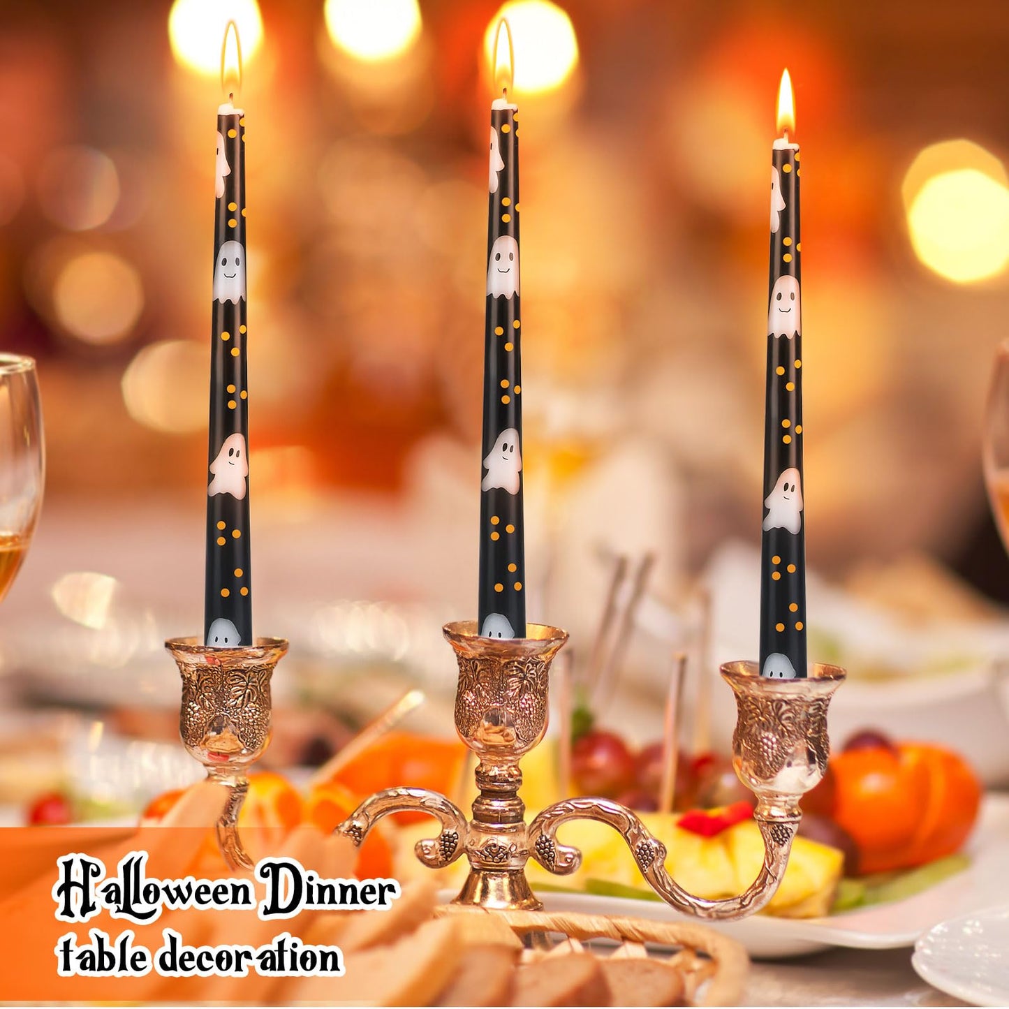 Threlaco 6 Pcs Taper Candles 9.8" Unscented Taper Candles Prints Dinner Table Home Decorations for Thanksgiving Autumn Harvest Festive Halloween Party Gift(Black Halloween Ghost)