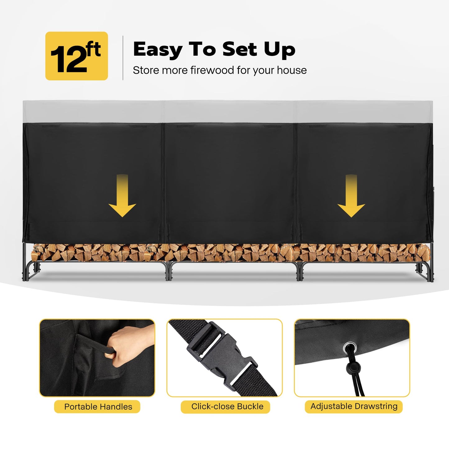 VIVOHOME Upgraded Heavy Duty 12 ft 3/4 Cord Firewood Rack Outdoor with Cover Combo Set 12ft Waterproof Firewood Log Rack Cover, Heavy Duty 600D Oxford Outdoor Weather Resistant