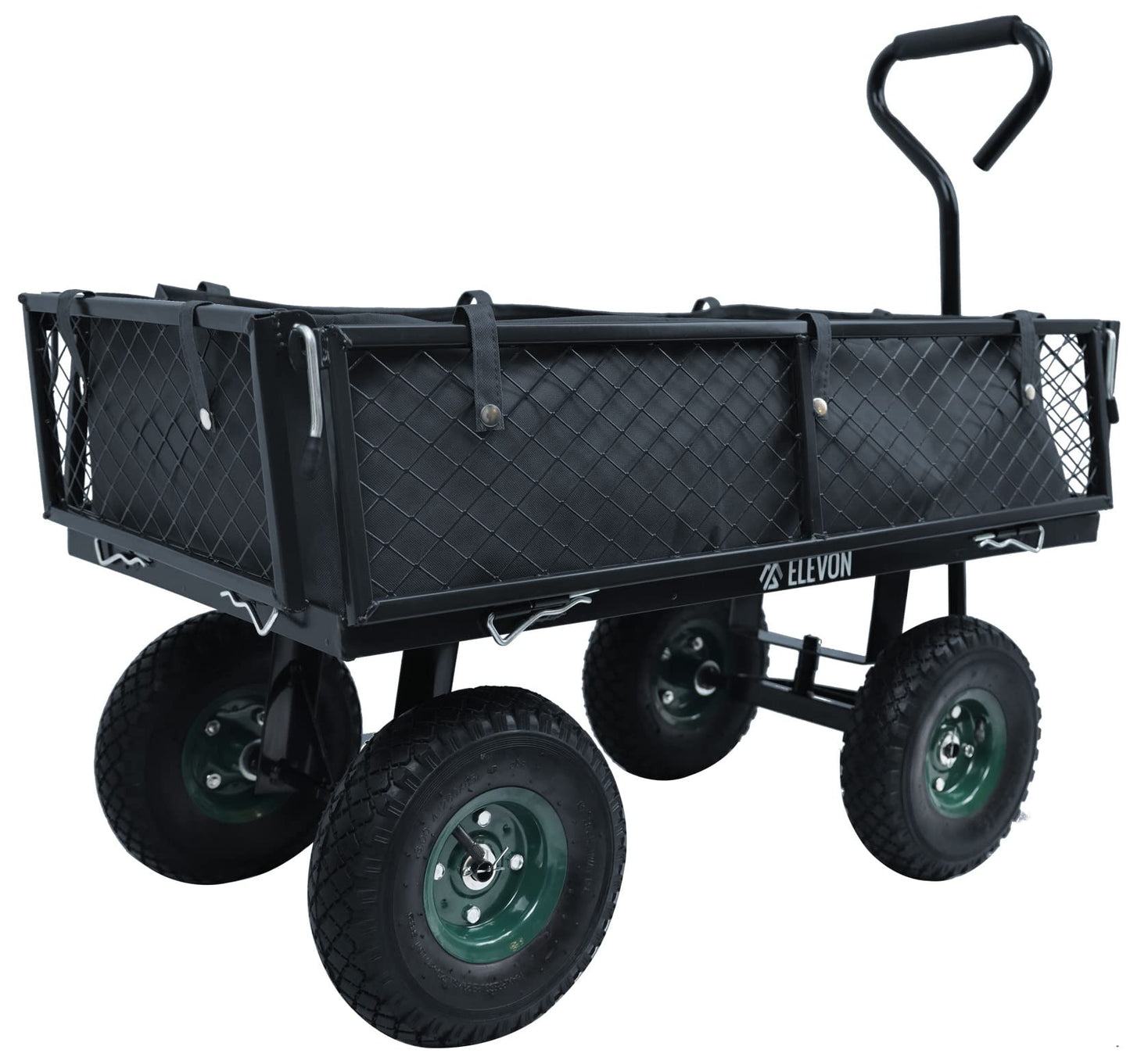Elevon Heavy Duty Garden Cart, 400 Lb Weight Capacity, Liner Included, Mesh Steel Folding Utility Wagon with Removable Sides and 10in Pneumatic Tires,Black