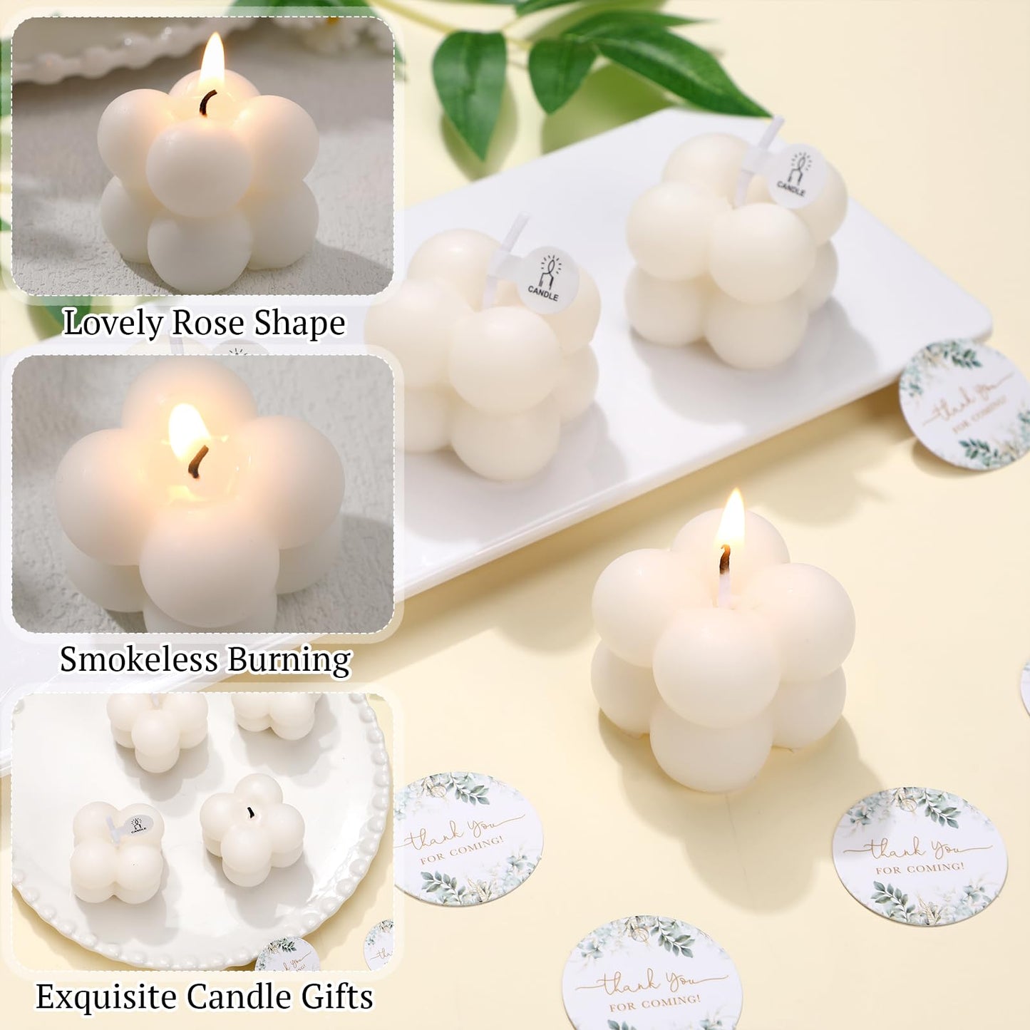 MTLEE 24 Sets Greenery Wedding Favors Party Candle Small Bubble Candle Favors for Guests Tea Candles Bulk with Stylish Ribbons Cards Gifts for Bridal Shower(White, Leaves)