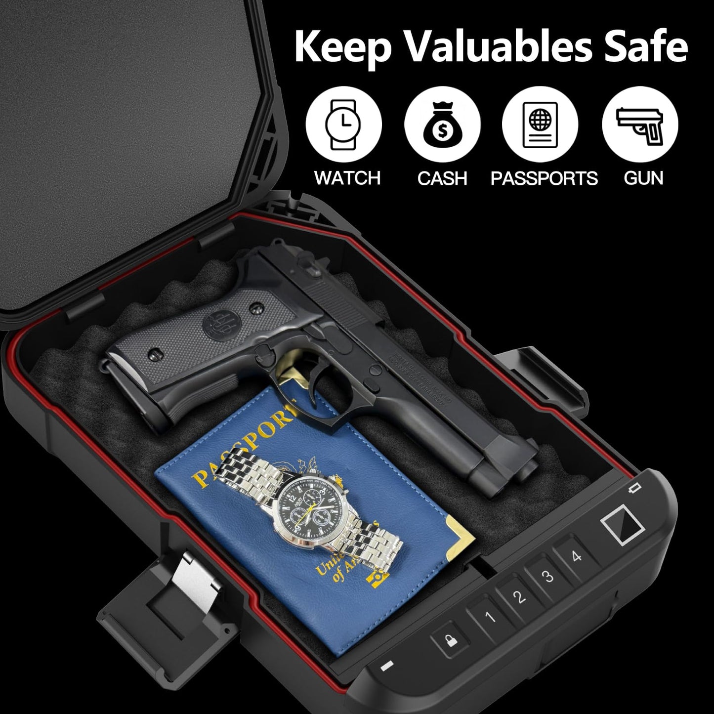 FITSAFE Biometric Handgun Safe - Secure Waterproof Car Small Pistol Case with Fingerprint Lock & Backlit Keypad, TSA Approved Portable Travel Gun Safe, Anti-Theft Compact Design for Home & Outdoor Use