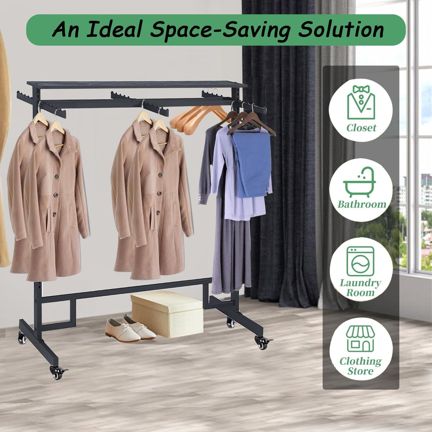 Clothing Rack with adjustable 8 Arms, Garment Rack Display Stand with Wheels and Shelf, Metal Clothes Hanger with Double Rod, Large Boutique Retail Stores Storage (Black, 59 * 19.6 * 61.02in)