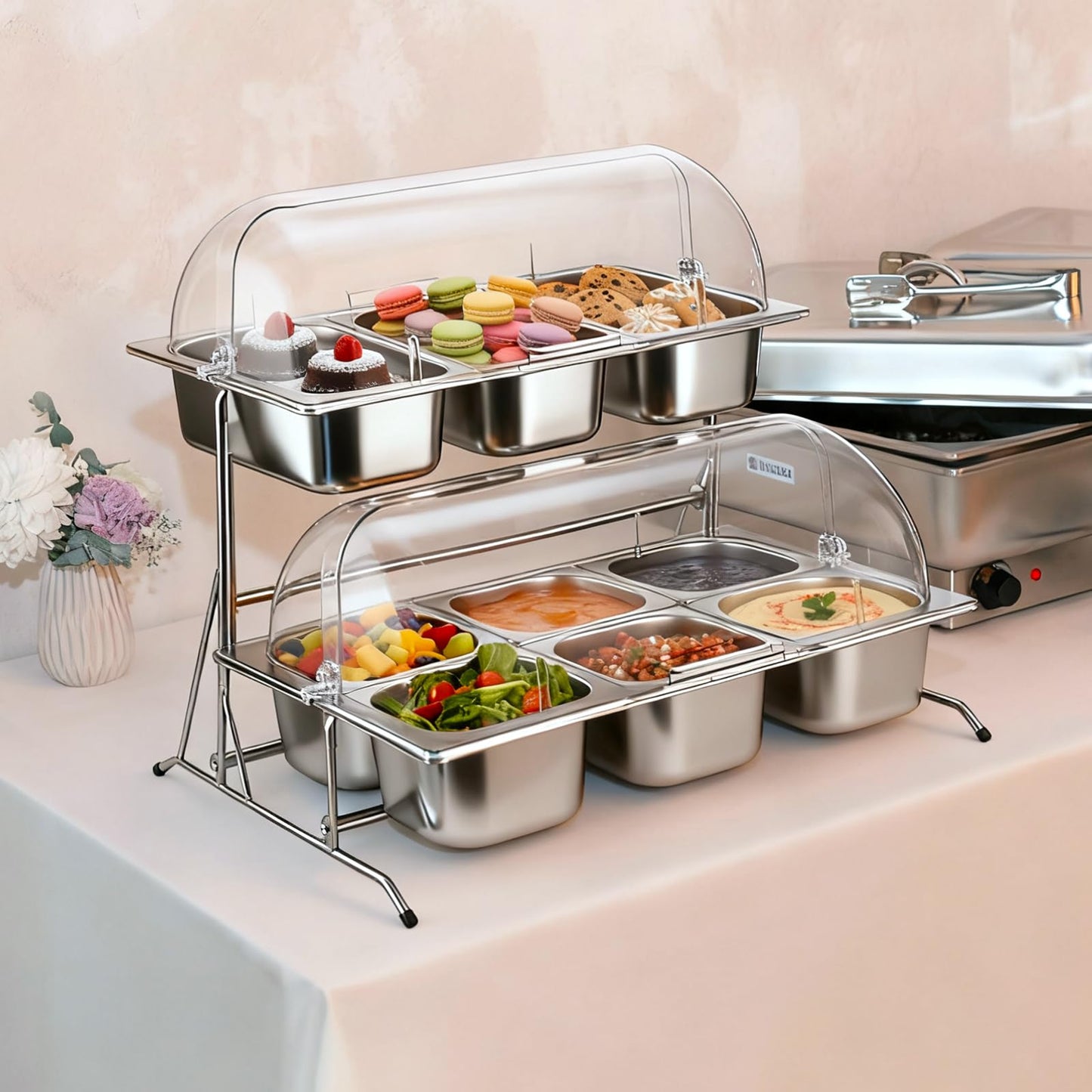 Lallisa 2 Tiered Ice Food Serving Tray Countertop Food Serving Display Container for Buffet Restaurant Party, with Clear Roll Top Cover 6+3 Pan Buffet Condiment Dispenser