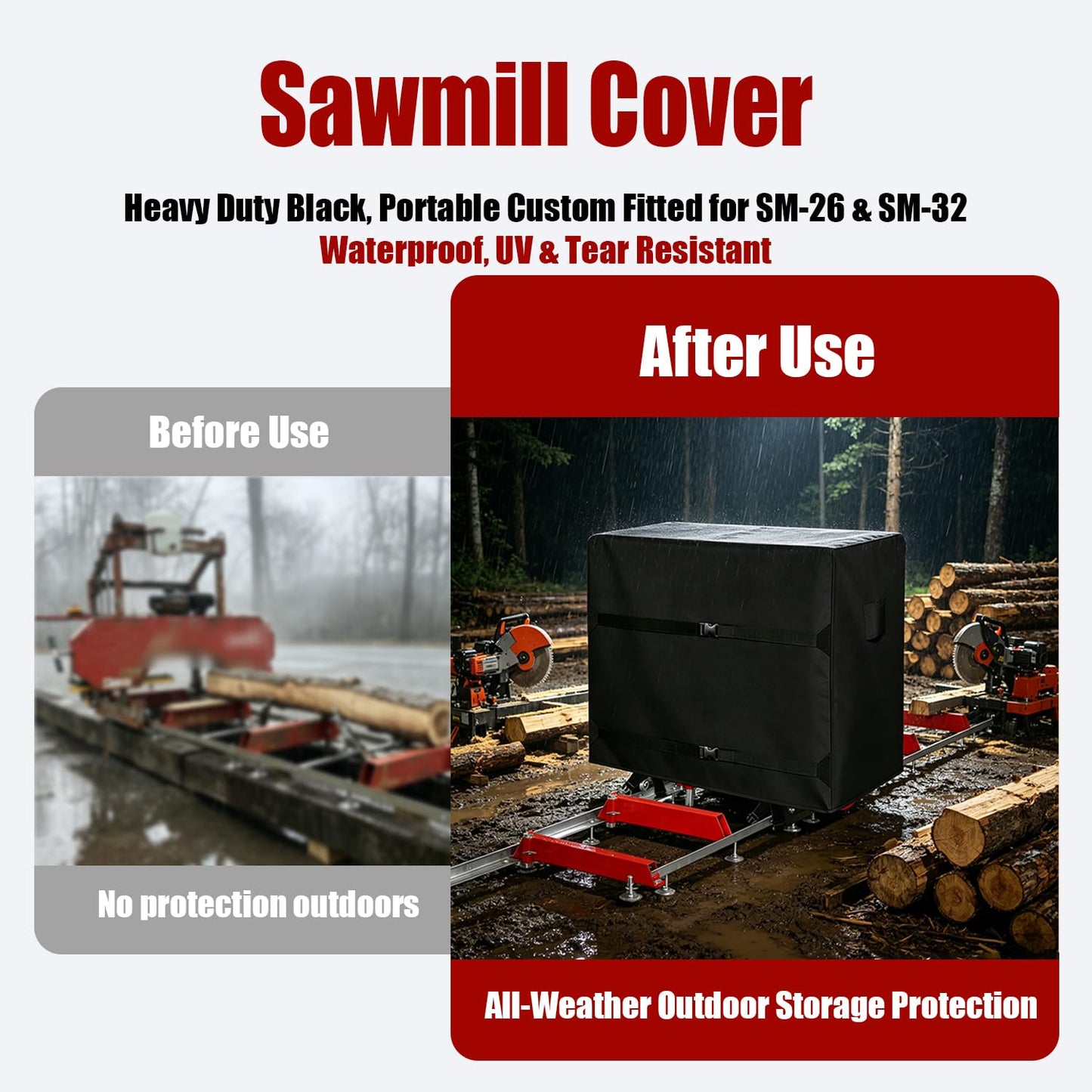 Sawmill Cover, Heavy Duty Black, Portable Custom Fitted for SM-26 & SM-32 – Waterproof, UV & Tear Resistant, All-Weather Outdoor Storage Protection-Only Cover