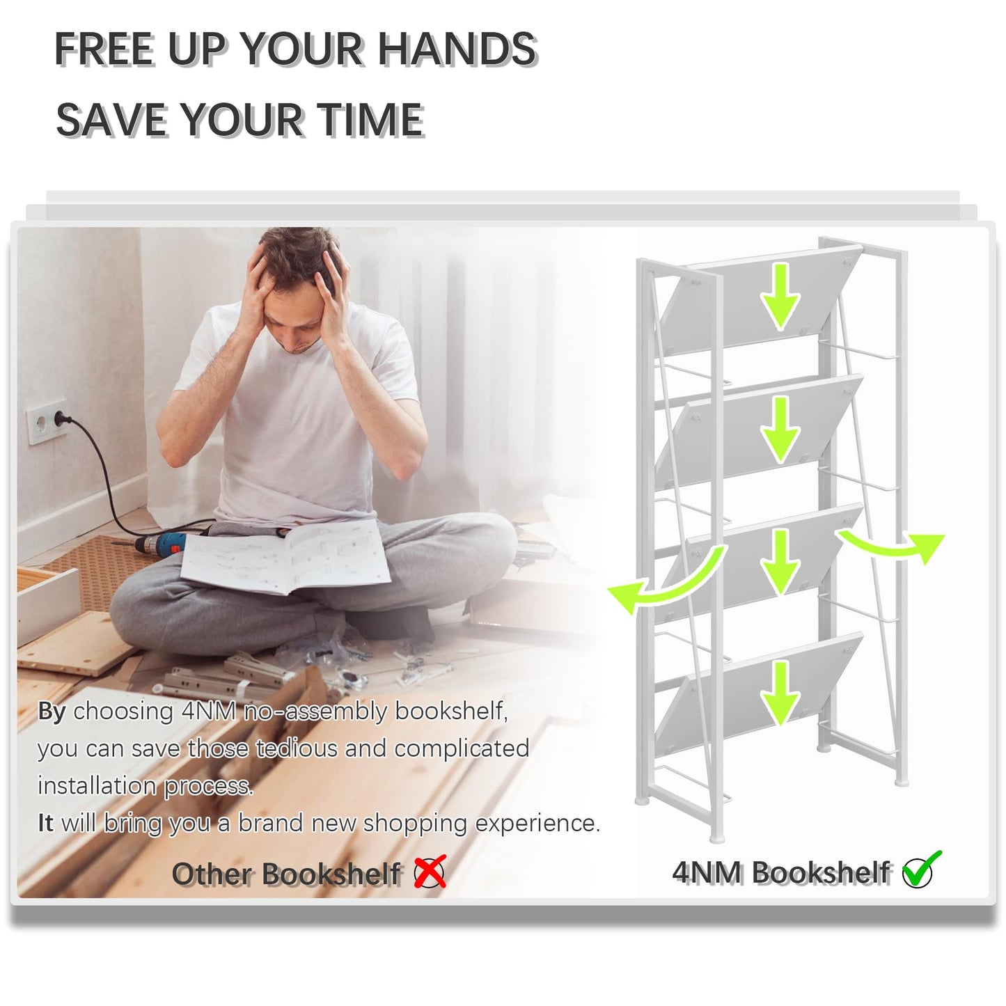 4NM No Assembly Folding Bookshelf Storage Shelves 4 Tiers Vintage Bookcase Standing Racks Study Organizer Home Office (All White)