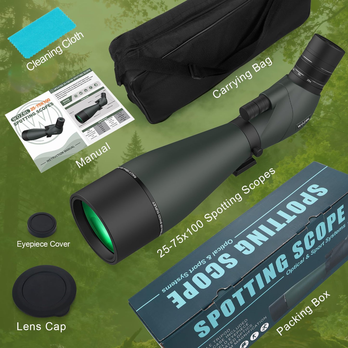 WOZEL 25-75x100 Spotting Scopes for Bird Watching - 45 Degree Angled BAK4 Prism High Definition Waterproof HD Spotter Scope for Bird Watching with Carrying Bag