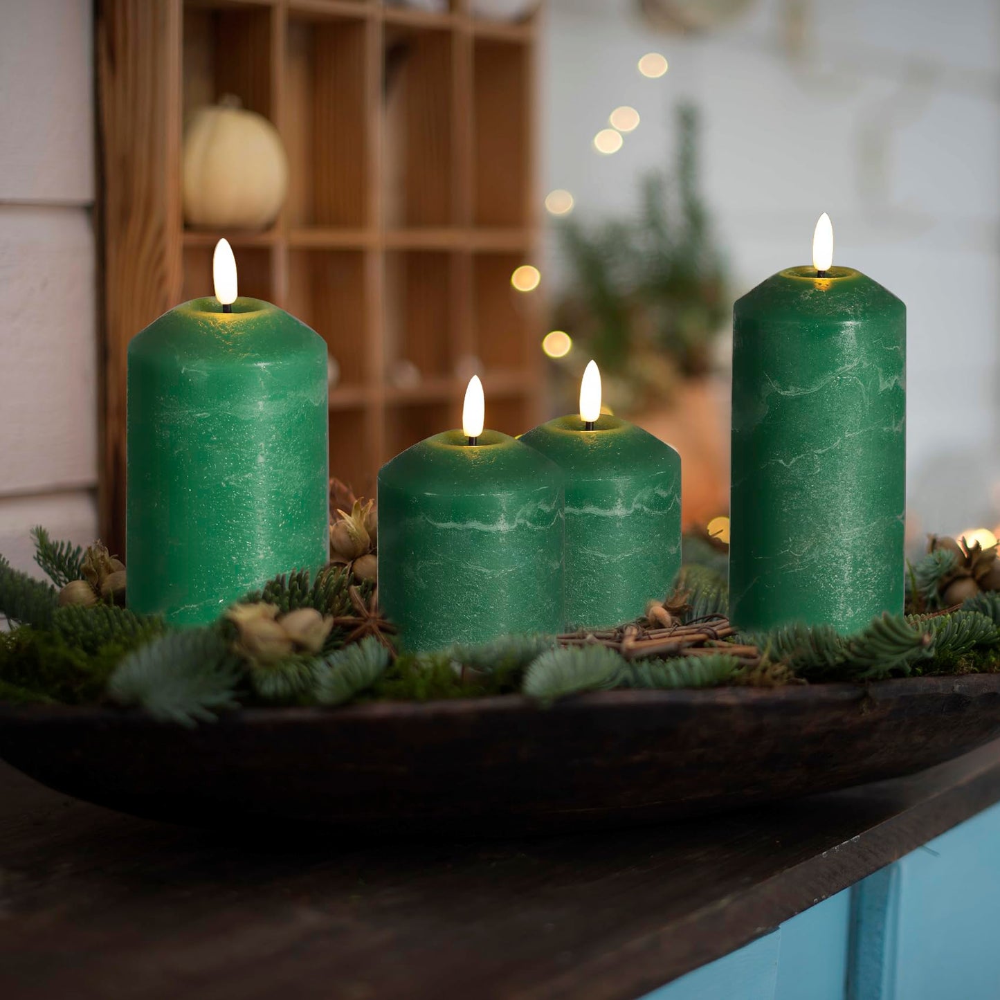 Eywamage Green Flameless Pillar Candles with Remote, Real Wax LED Battery Candles Flickering Spring Home Decor Set of 3