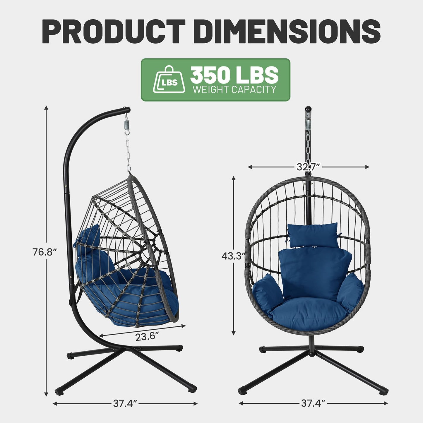 LEX CRAFT Hanging Egg Chair with Stand, Swinging Egg Chair Outdoor Indoor, Hanging Basket Chair with Cushion, Patio Wicker Hammock Chair 350lbs Capacity (Grey-Blue)