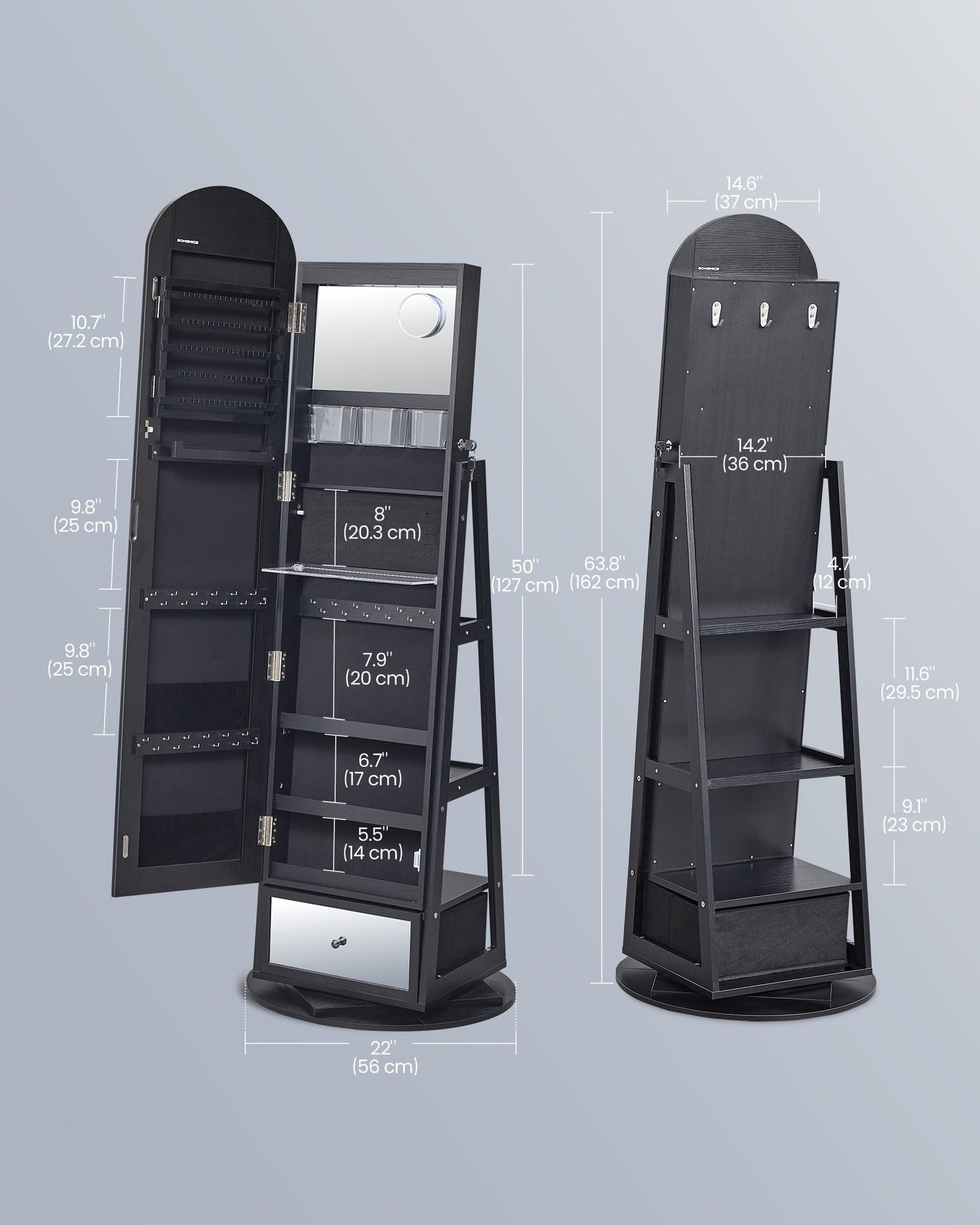 SONGMICS 360° Swivel Jewelry Cabinet, Full-Length Arched Mirror with LED Lights, Magnifying Mirror, Storage Shelves, Drawer, Ink Black UJJC030BC01