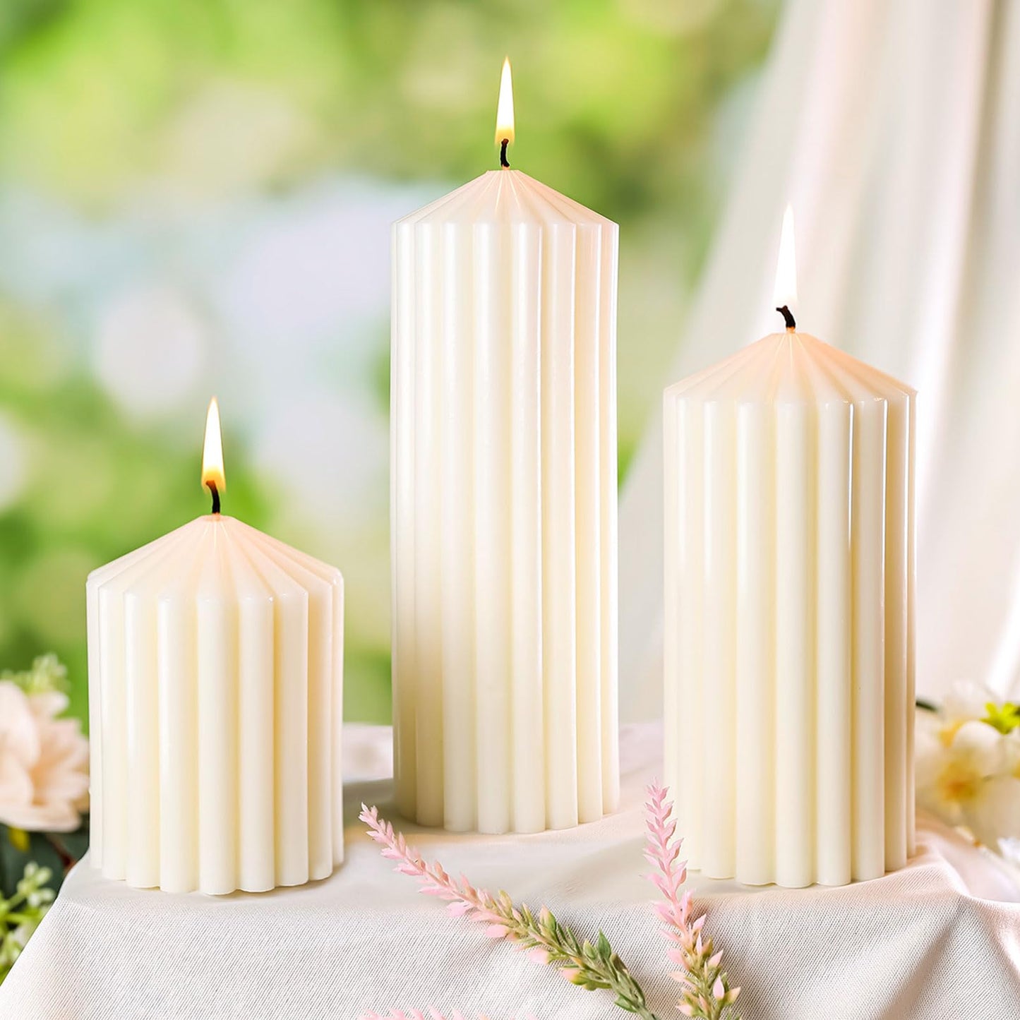 Citronella Candles for Patio, Set of 3 Ribbed Sage Green Pillar Candles for Summer Outdoor,Soy Wax Modern Boho Home Decor Pillars,Aesthetic Candle Gift Set for Garden and Indoor Use