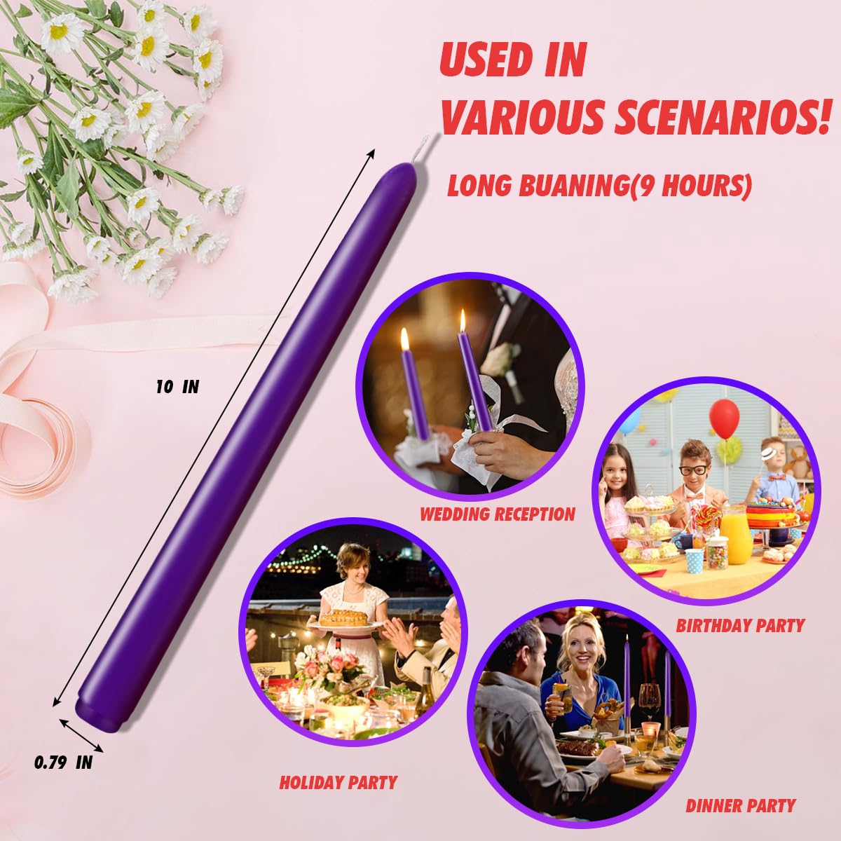 Purple Taper Candles, Set of 24 Unscented and Smokeless 10 Inch Taper Candles Long Burning, Paraffin Wax with Cotton Wicks for Burning Approxinately 7-8 Hours Time