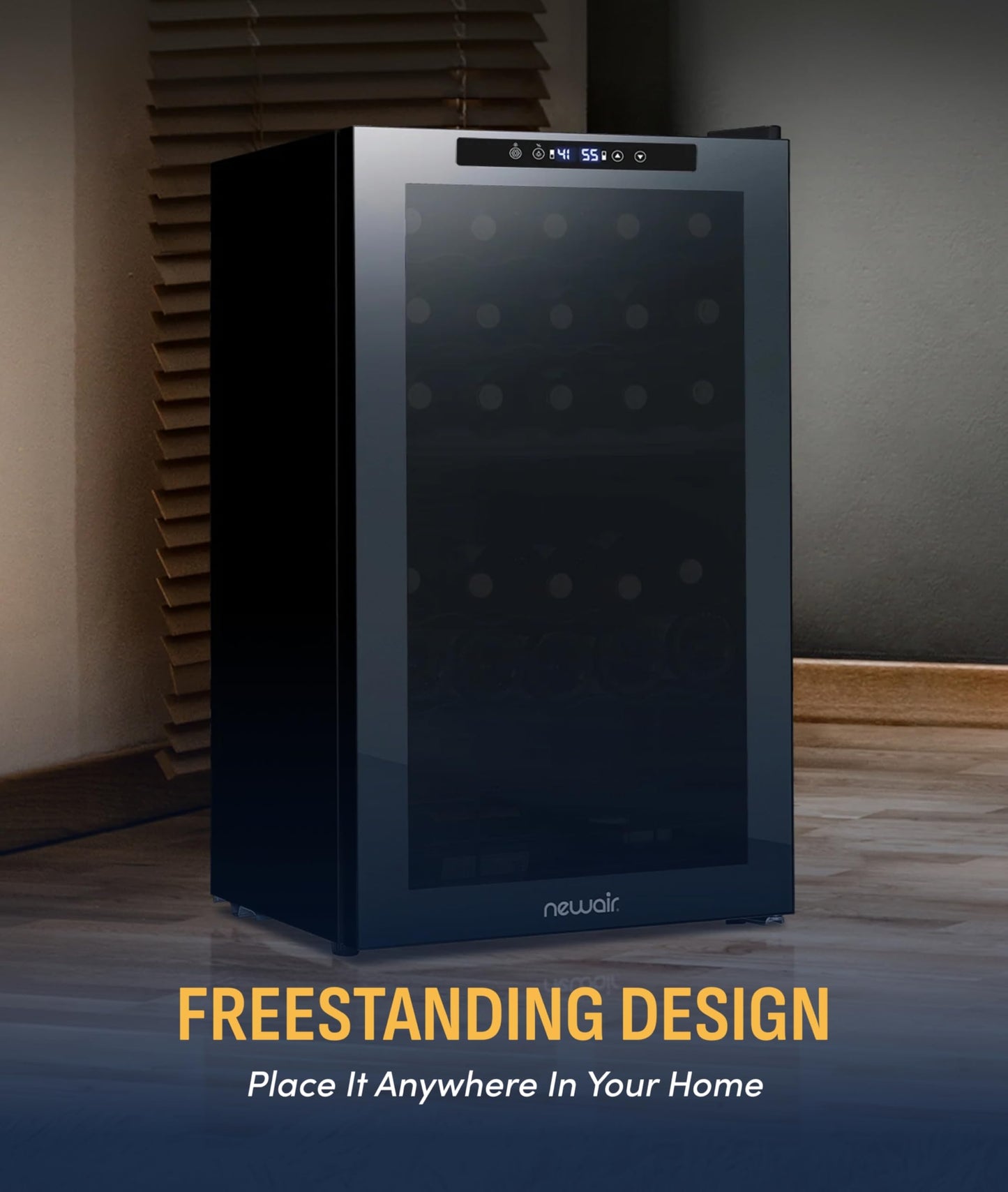NewAir 20" Dual Zone Wine Fridge for 33 Bottles | Freestanding Wine Cooler Refrigerator with Glass Door | Mirrored Shadow™ Door & Quiet Compressor Cooling | Black