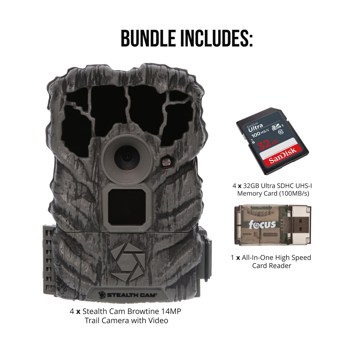 Stealth Cam Browtine 14MP Trail Camera (4-Pack) Bundle with 32GB Memory Card (4-Pack) and Card Reader (9 Items)