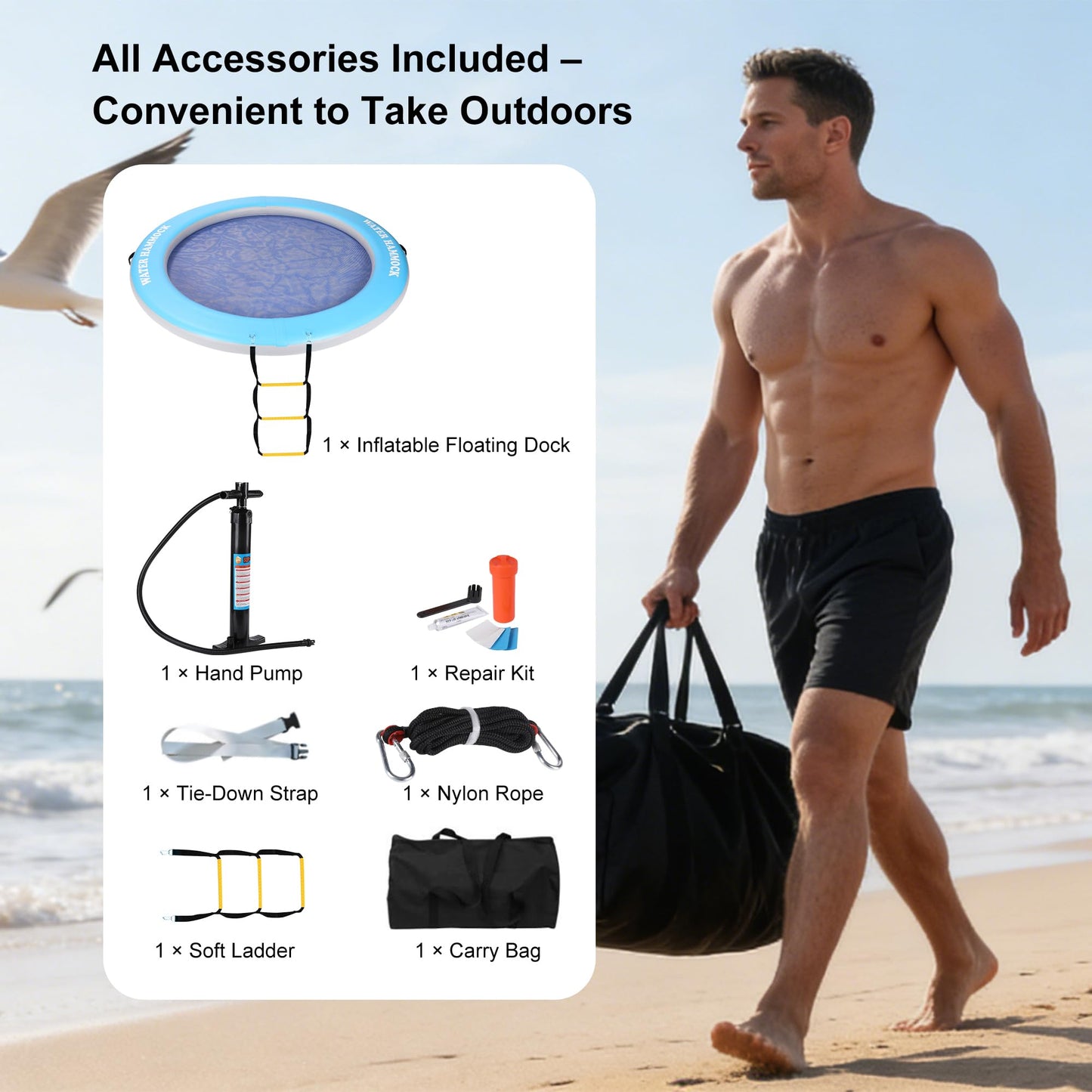 Round Floating Ring Inflatable Water Hammock 8FT & Floating Dock – Adult Air Platform & Island Raft Mat, Sunbathing, Swim Platform, Detachable Ladder & Carry Bag