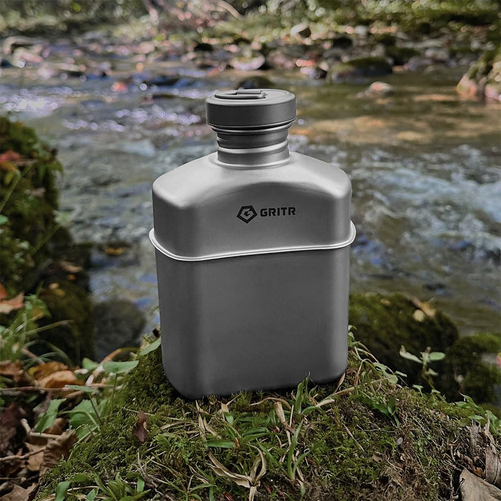 GRITR Titanium Canteen Mess Kit | Compact Portable Camping Open Fire Cookware Set for Backpacking, Hiking, Fishing | Ultralight Durable Outdoor Camp Cooking Utensils - Storage Bag Included