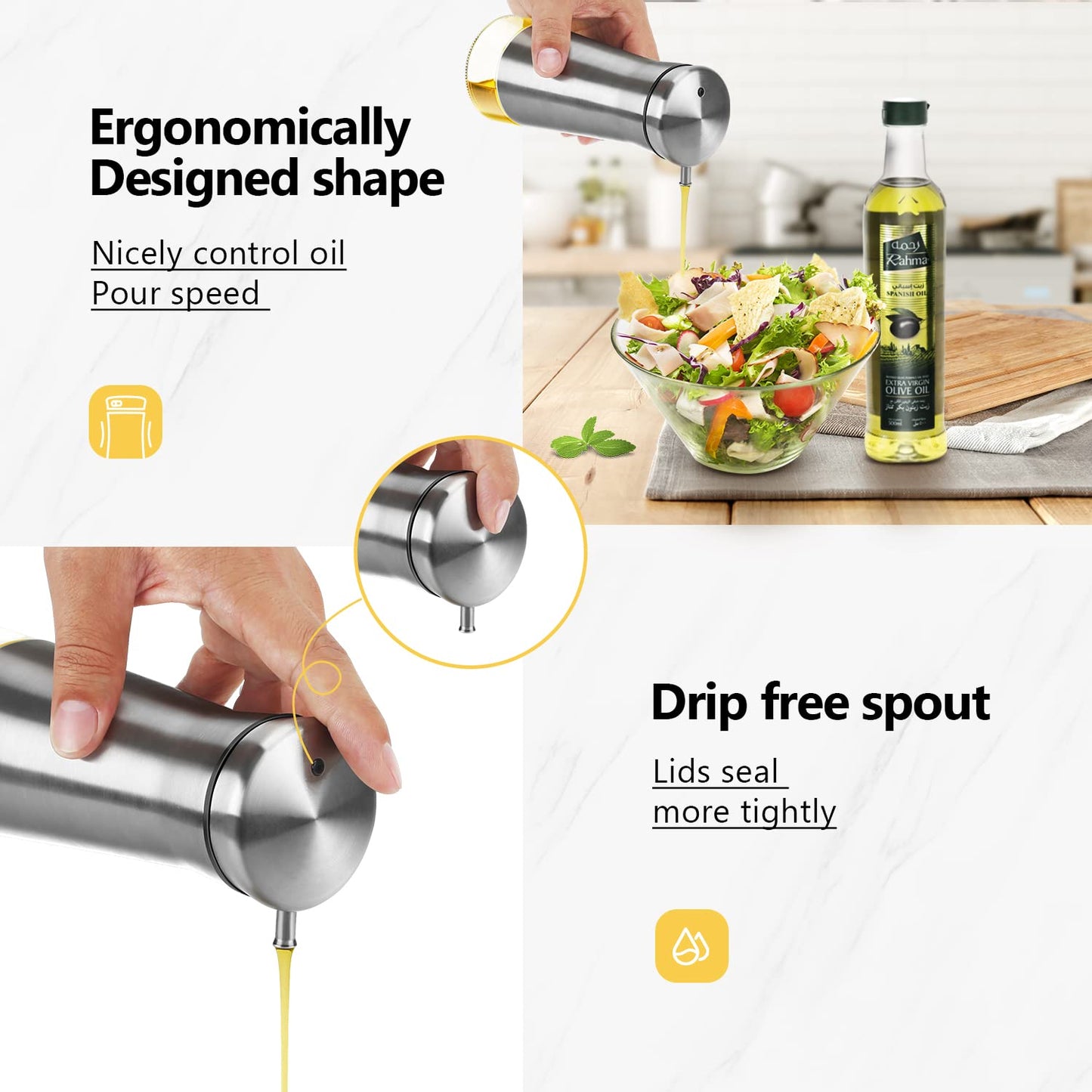 Aelga Olive Oil And Vinegar Dispenser Set -2 Pack Elegant Stainless Steel Oil Dispenser Set- Vinegar Bottle for Kitchen with No-Drip