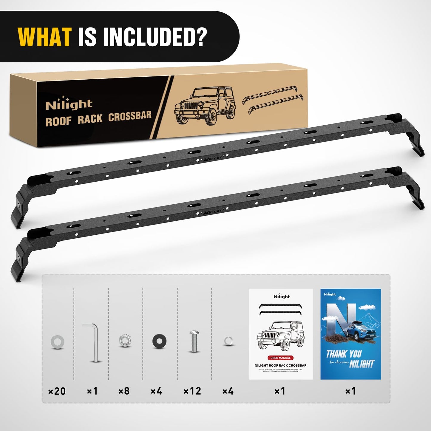 Nilight 300LBS Roof Rack Cross Bars Compatible with Jeep Wrangler JK JKU 2007-2018 JL JLU 2018-2026 Gladiator JT 2020-2026 Hardtop Models, Adjustable Iron Crossbars for Cargo Carrier Luggage Box Tent