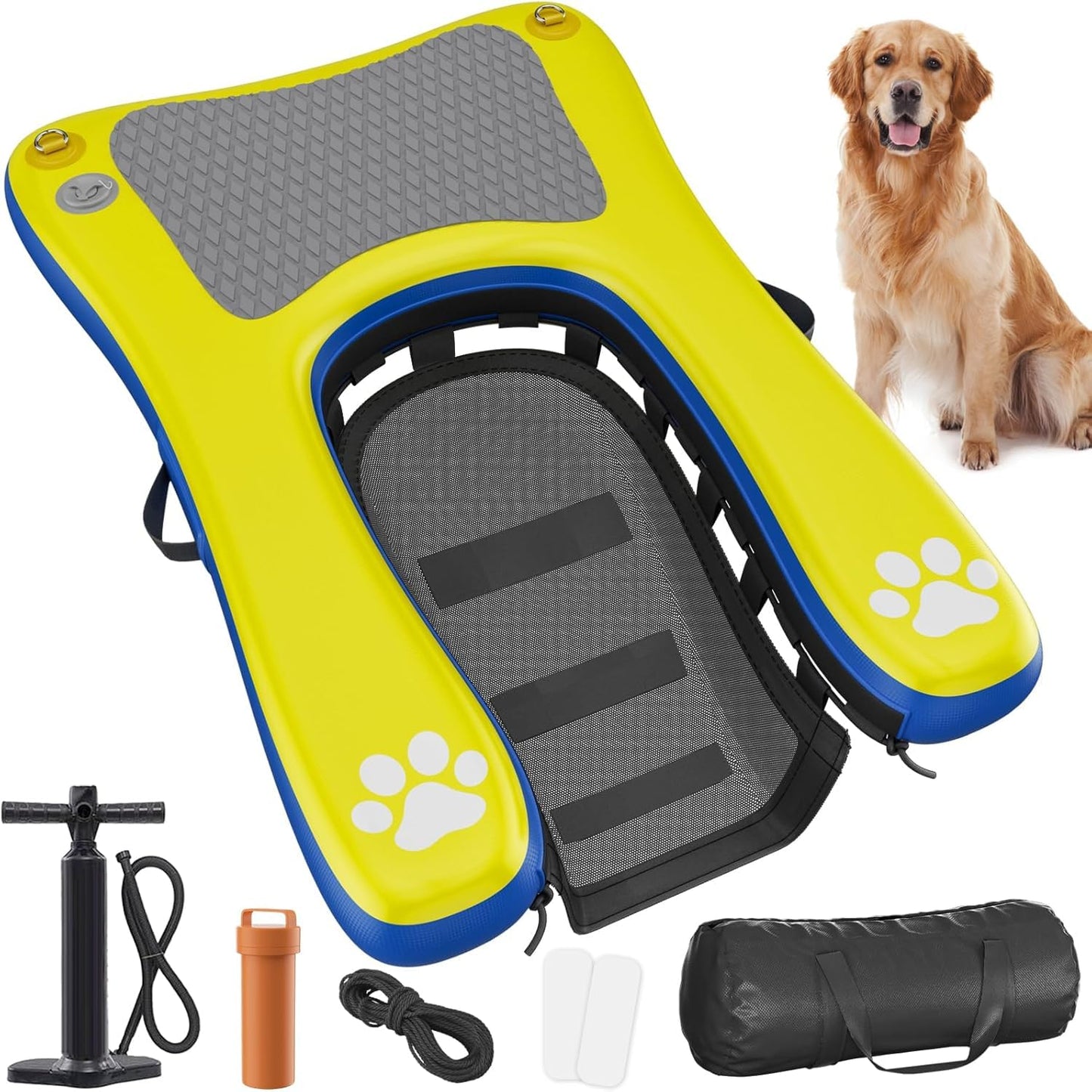 Inflatable Dog Pool Float Dock Platform for Dogs, Dog Pool Ramp Ladder with Non Slip Steps | Dog Floats Water Ramp for Boat, Inground Pool