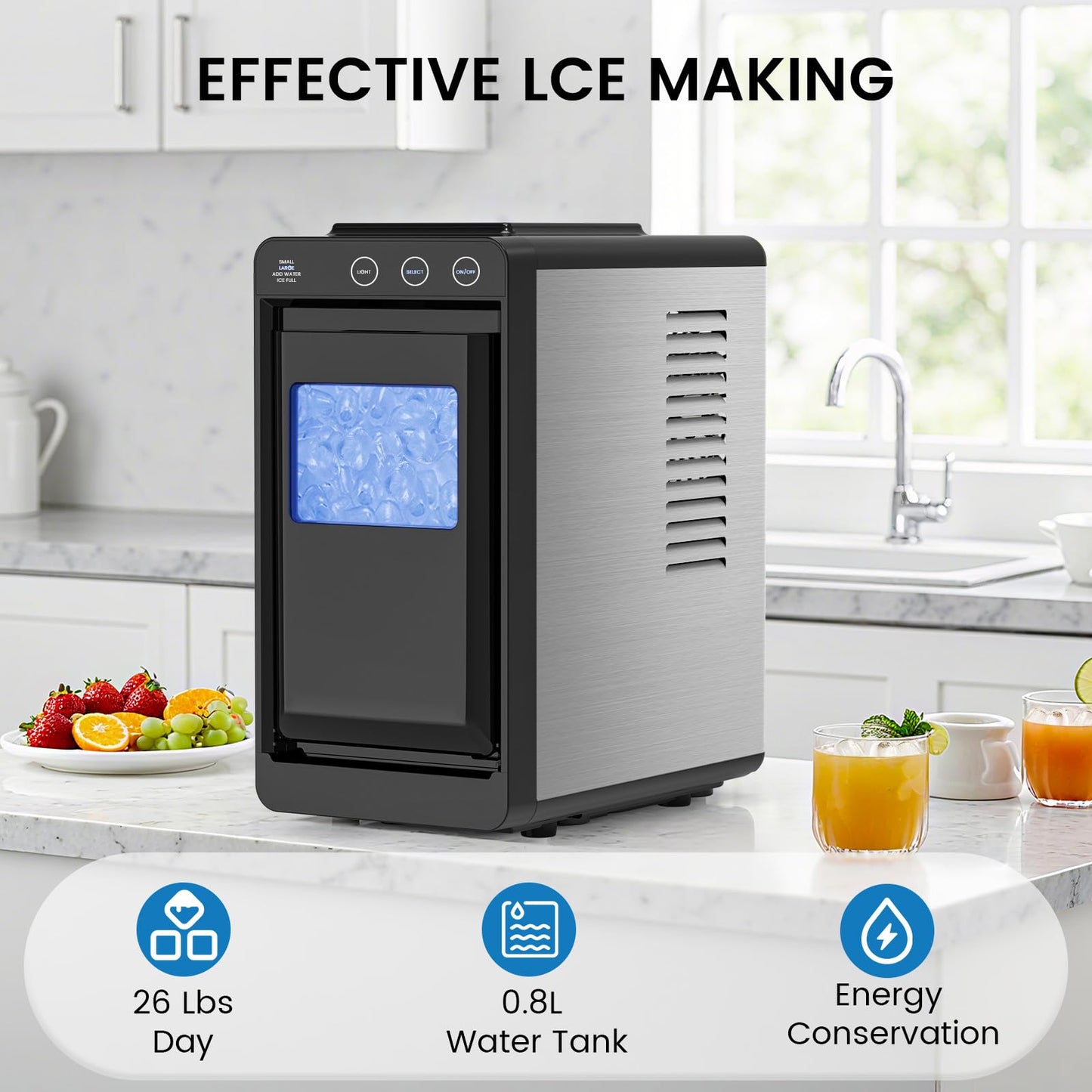 COWSAR Ice Maker Countertop, Portable Ice Machine with Basket and Scoop, 8 Cubes in 6 Mins, 26 lbs/24H, Auto-Cleaning Commercial Ice Maker for Kitchen, RV, Camping, Black