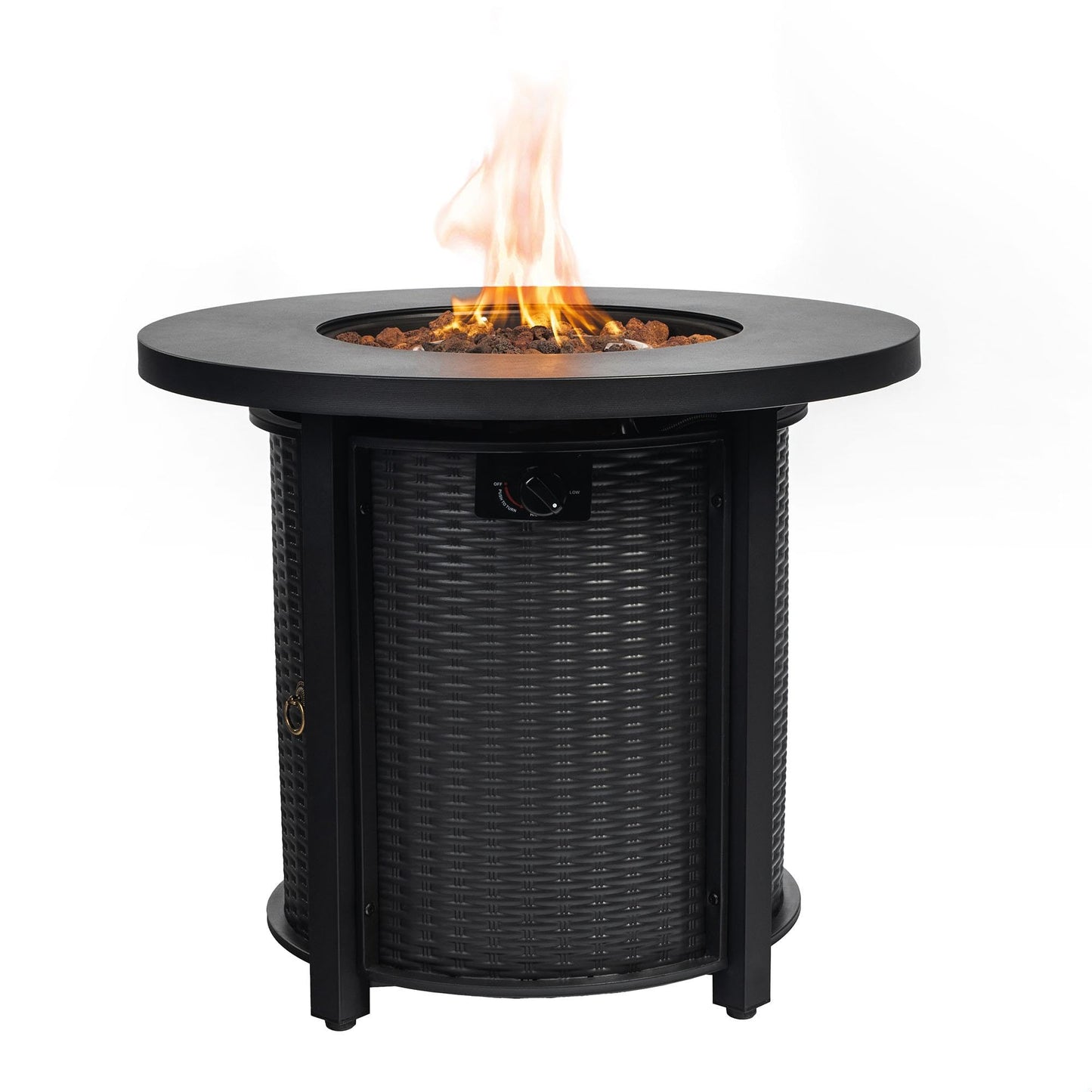 GDFStudio 30" Round Propane Fire Pit Table, 50000 BTU Outdoor Gas Heater with Steel Top & Wicker Base, for Patio, Deck, Garden, Black