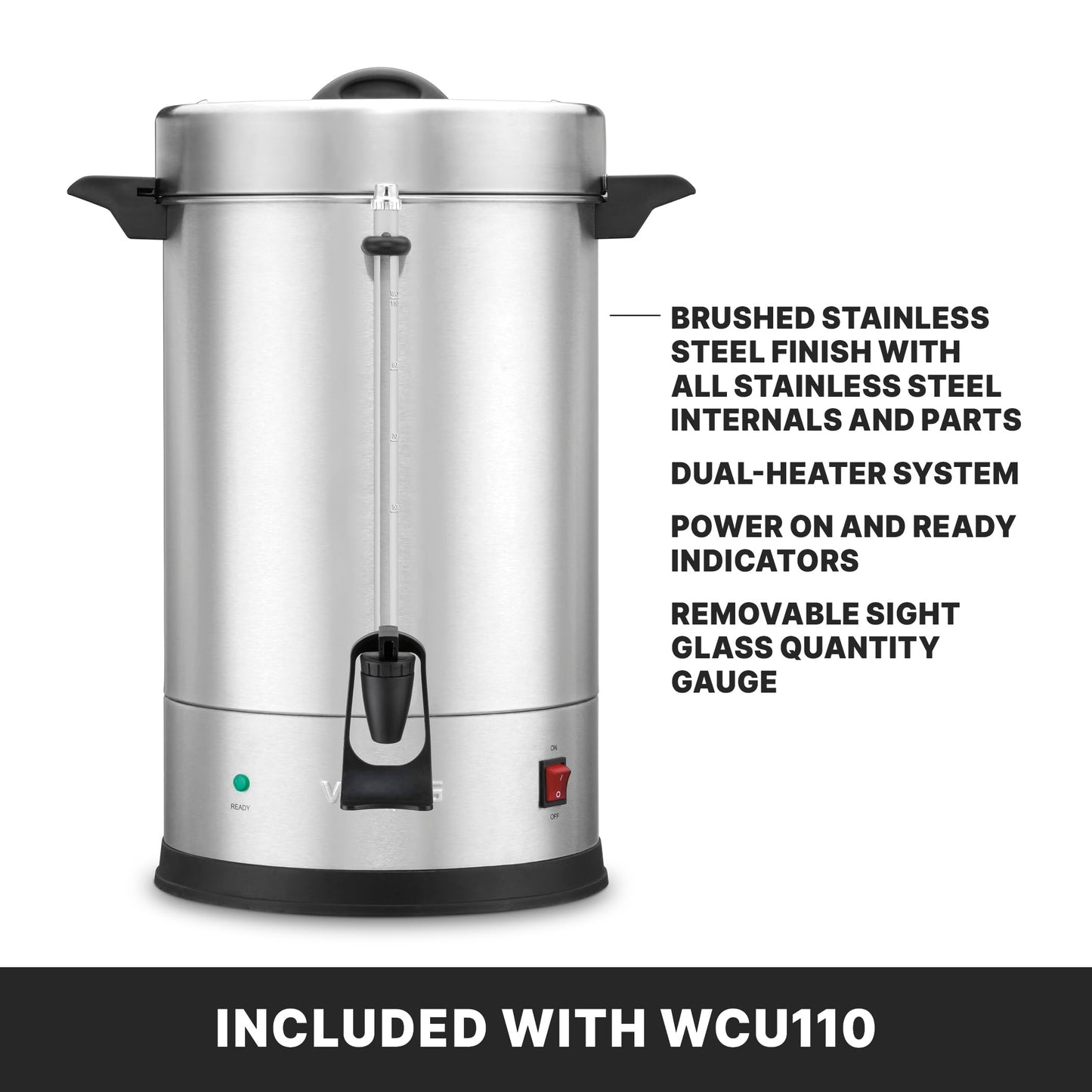 Waring Commercial Coffee Urn, 110 Cup Capacity Stainless Steel Electric Percolator, Dual Heater System for Commercial Kitchens & Catering, NSF Certified, WCU110X