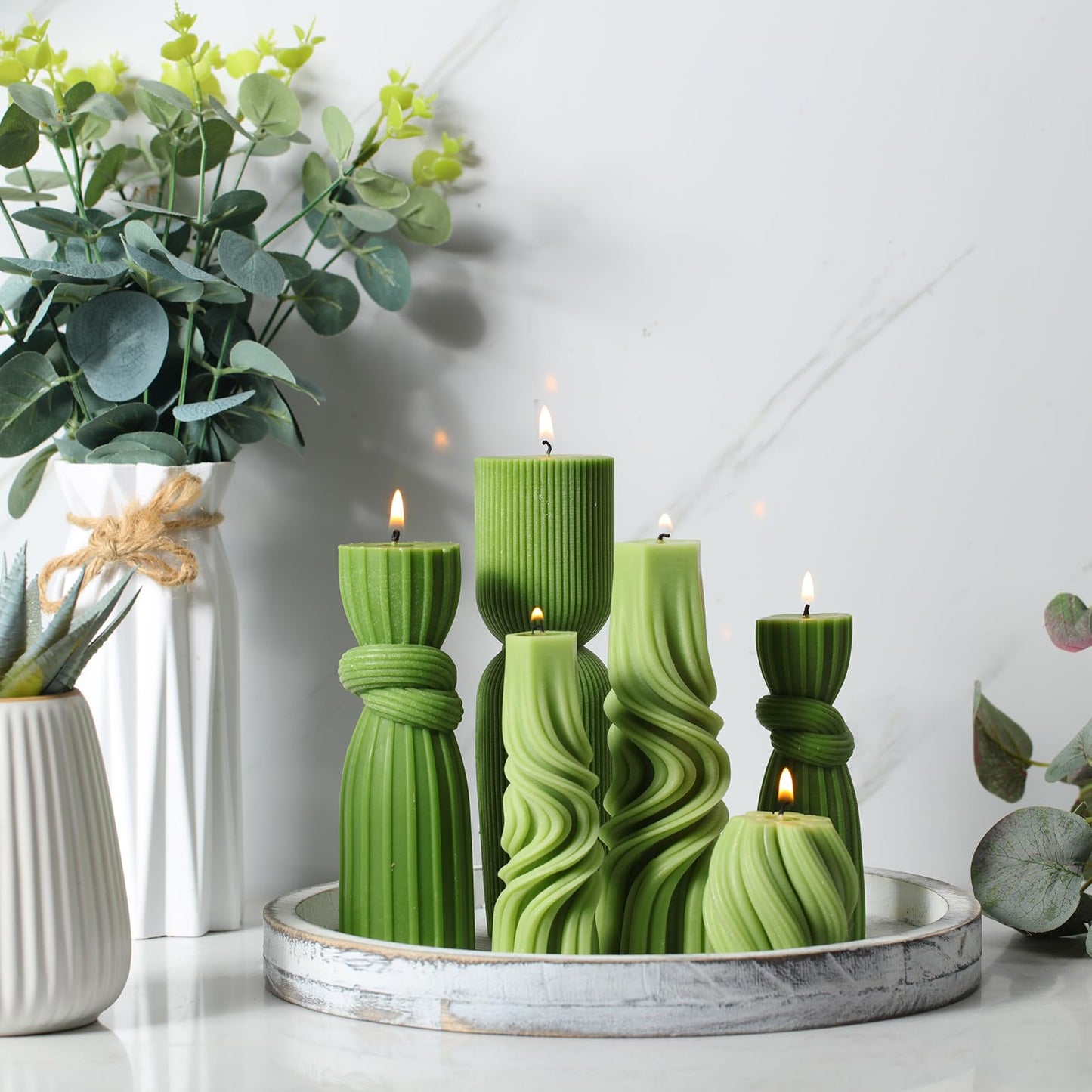 Threlaco 6 Pcs Pillar Candles Decorative Modern Aesthetic Ribbed Candle Set Cute Soy Wax Scented Ribbed Decor Commemorative Gift for Home Decoration(Green, 2.36-6.89 Inch)
