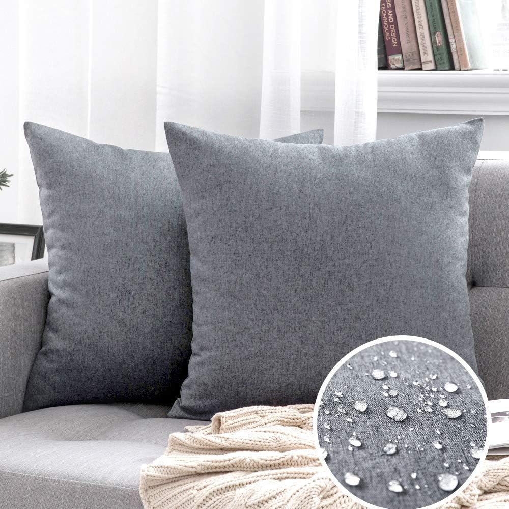 MIULEE Decorative Outdoor Throw Pillow Covers - Waterproof Faux Linen Cushion Cases | 26x26 Inch Dark Grey (Pack of 2)