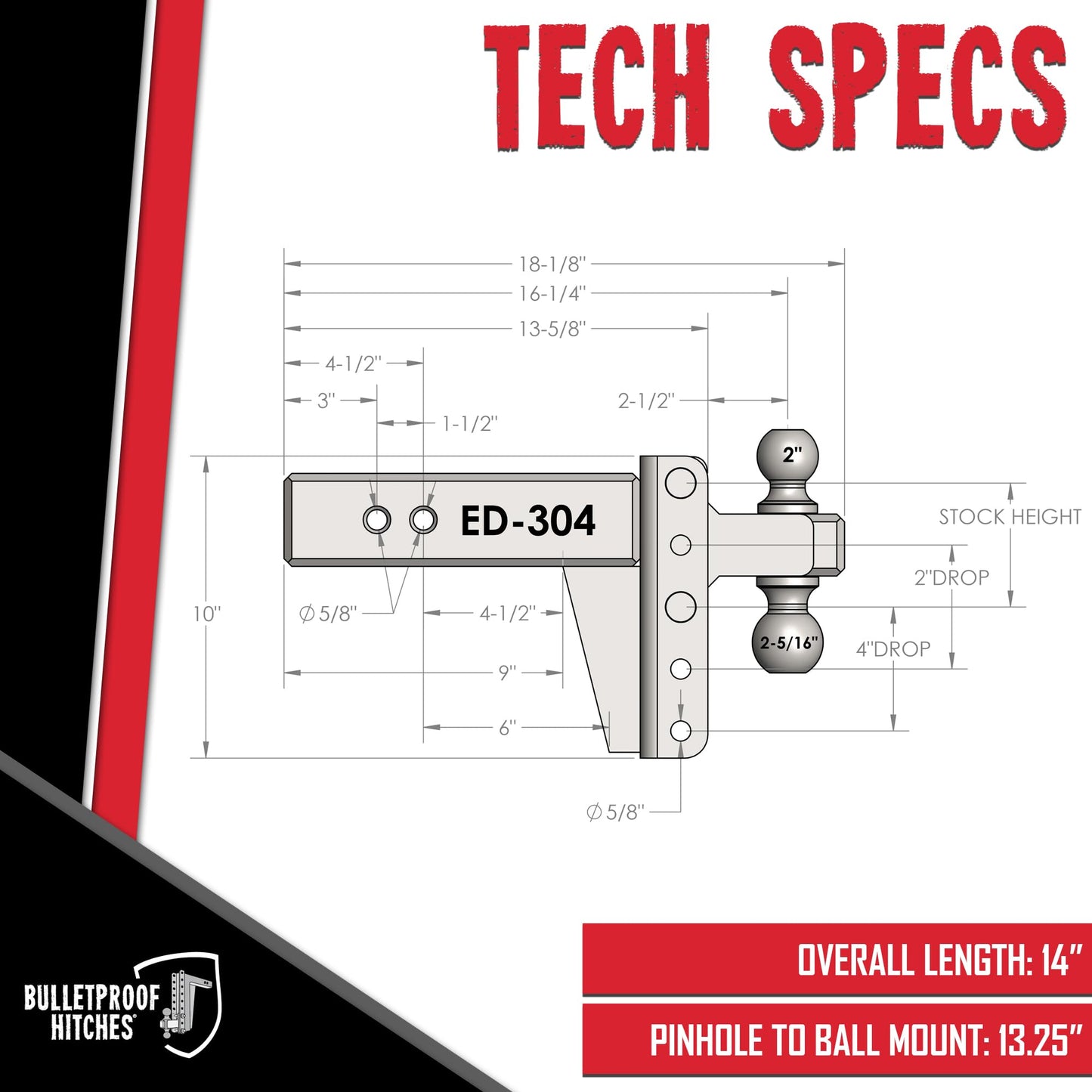 BulletProof Hitches - 3.0" Adjustable Extreme Duty Trailer Hitch (36,000 lb. Rating) - 4" Drop/Rise with 2" and 2 5/16" Dual Ball - Powder Coat, Solid Steel, Corrosion-Resistant