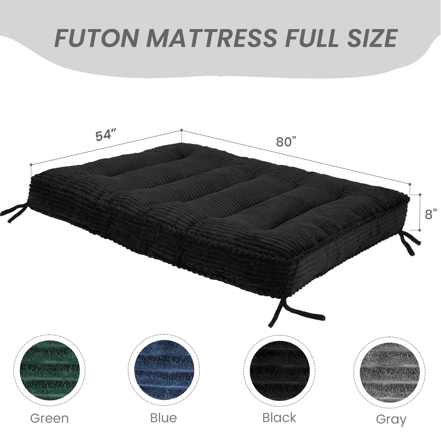 8” Futon Mattress Full Size 54” x 80”, Futon Sofa Couch Bed with Twisted Rope Design Edging, Extra Thick Corded Floor Futon Mattress Sleeping Mat for Adults, Camping, Dorm, Black(Frame Not Included)