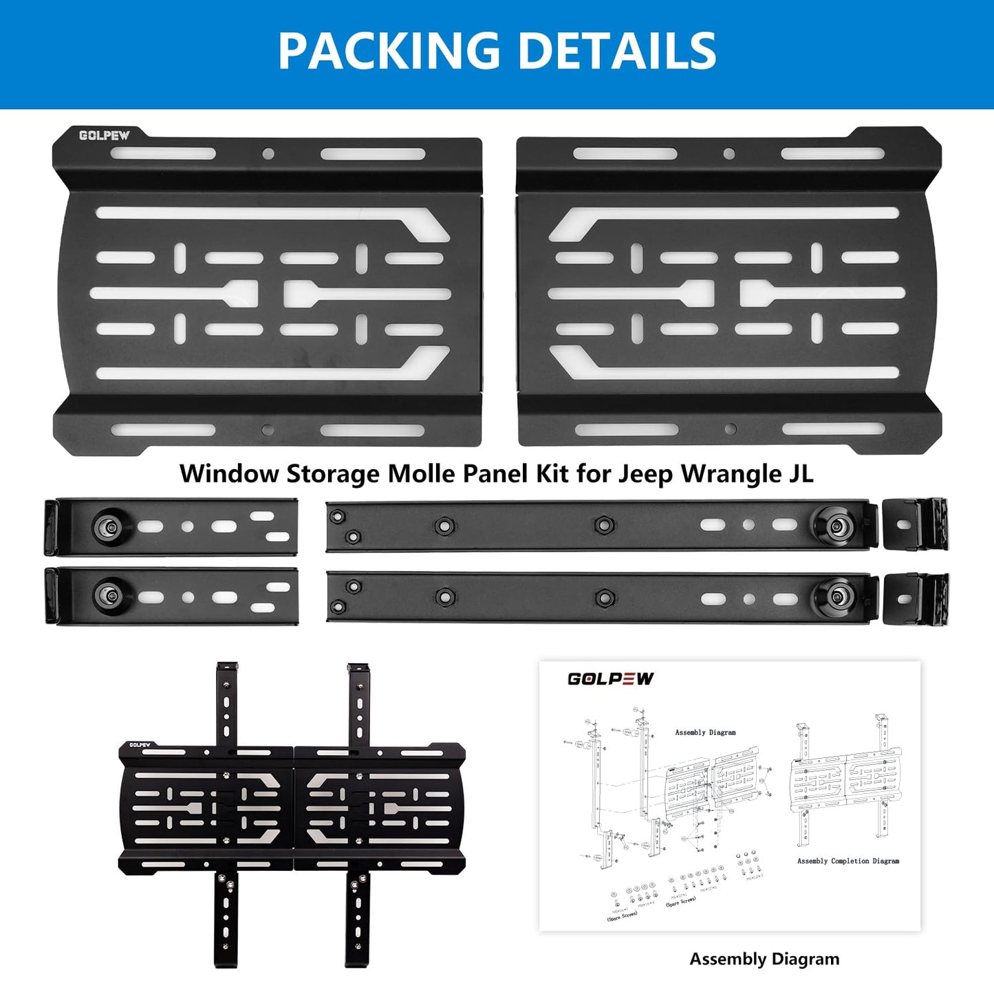 Rear Window Storage Molle Panel Kit for Jeep Wrangler JL 2018-2024 - Cargo Bracket Mounting Plate Kit with Recovery Traction Boards and Shovel Mount