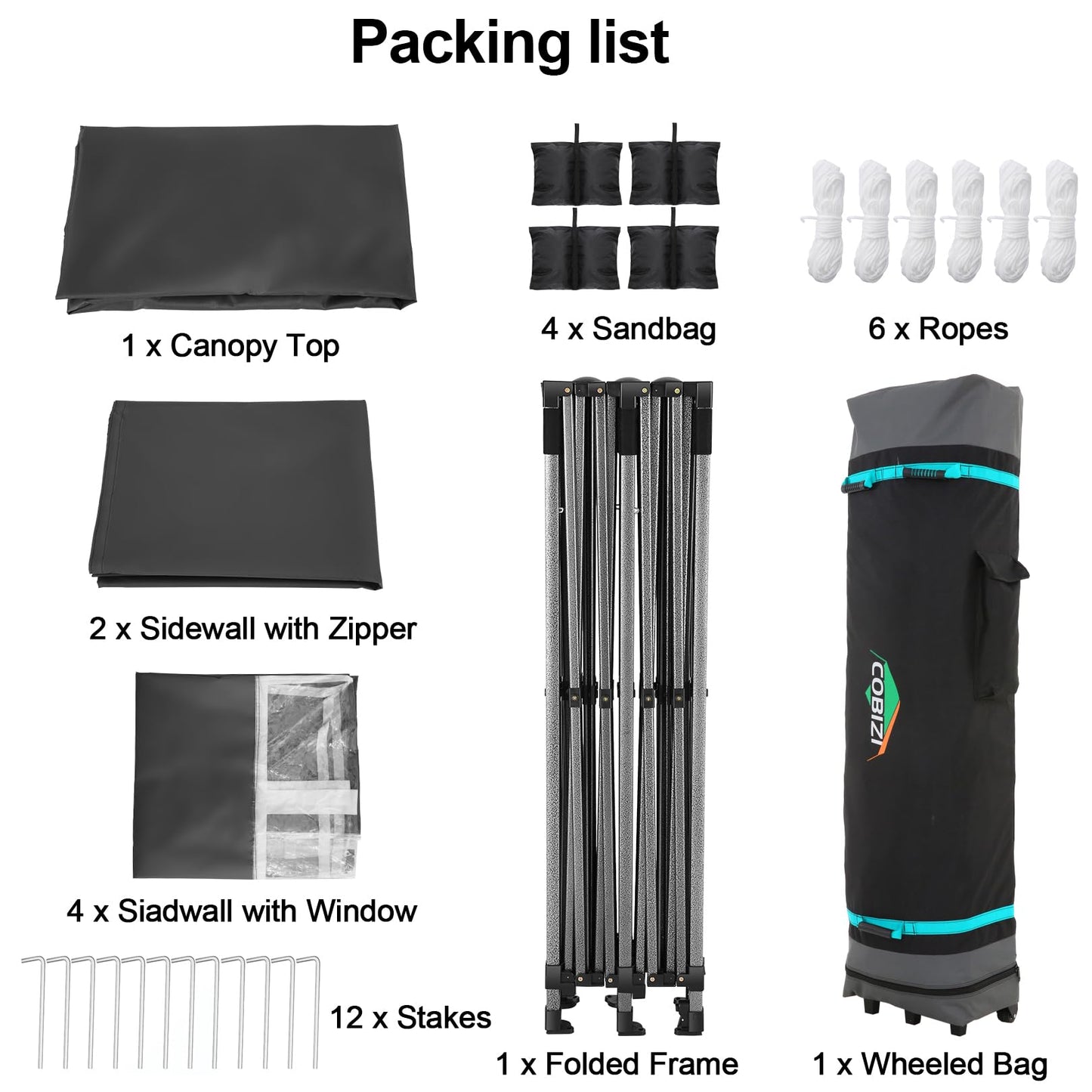 COBIZI 10x20 Pop up Canopy Tent 10x20 Canopy with 6 Sidewalls Waterproof Heavy Duty Commercial Canopy Tent for Parties Outdoor Garden Gazebo, Carry Bag with Wheel(10x20ft,Space Black)