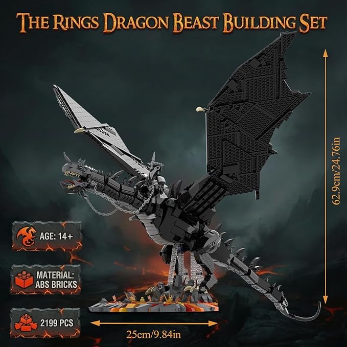 The Rings Dragon Beast Building Set for Adults 80cm Big Dragons with Witch King Figure & Display Ideas Movie Cool Classic Home Decor for Collectors (2199 PCS