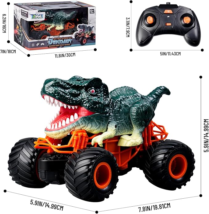 Dinosaur Monster Truck Toys - Remote Control Dinosaur Car 2.4Ghz RC Truck with Lights Music & Spray - Electric Hobby RC Cars for Toddlers - Birthday Gift for Kids Boys Girls Ages 3-8 (Green)