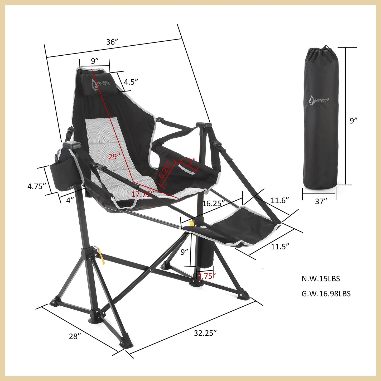 ARROWHEAD OUTDOOR Folding Hammock Chair, Heavy Duty Camping Seat with Removable Footrest, Padded Comfort, and 300lb Capacity
