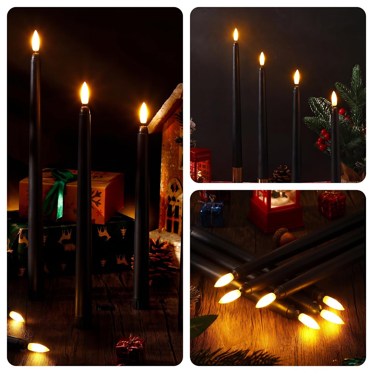 Baquler 40 Pcs Flameless Taper Candles LED Flickering Taper Candlesticks Bulk Battery Operated Flameless Candle for Wedding Halloween Christmas Birthday Decoration, 8.5/9.7/10.8/12.8 Inch (Black)