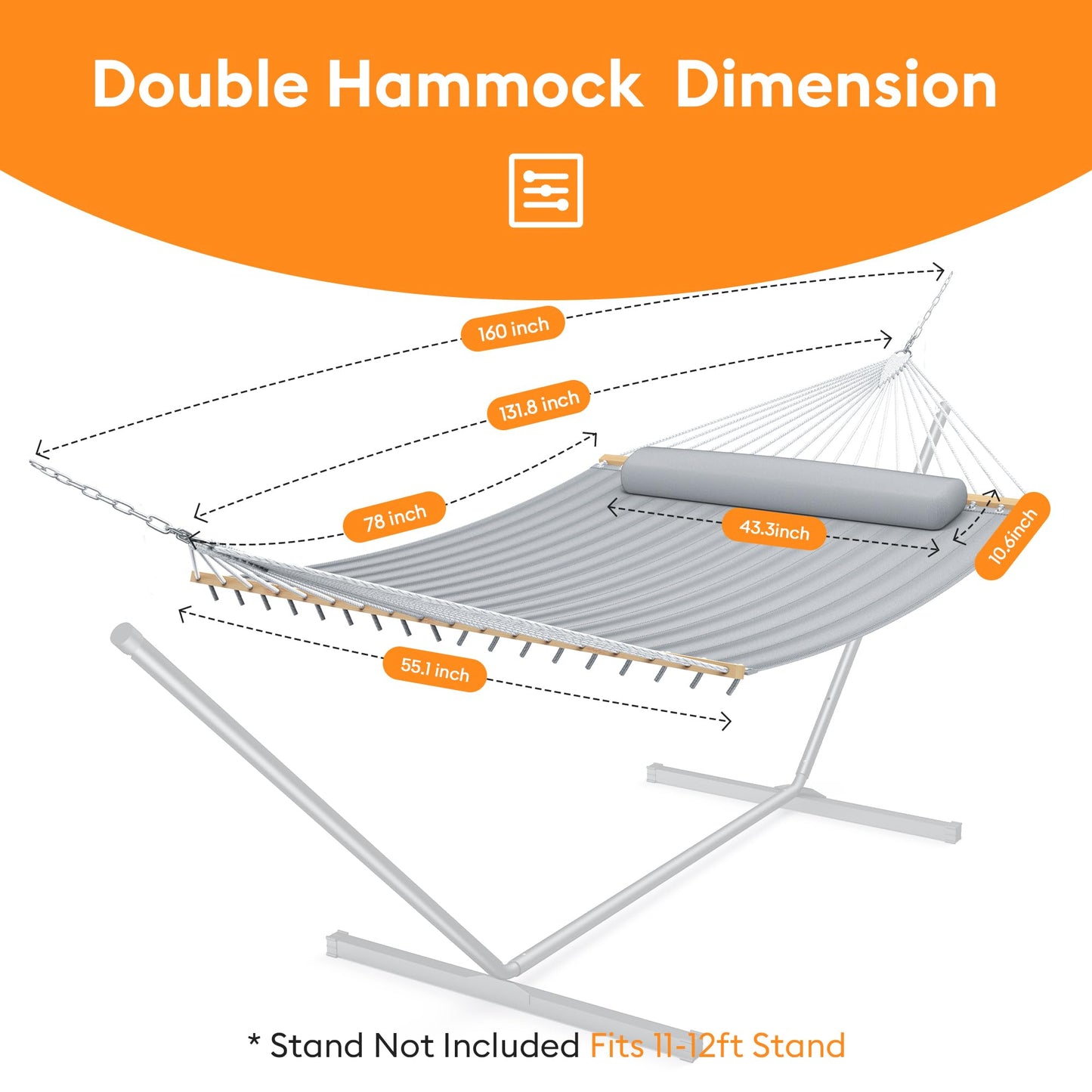 Everyfun Double Hammock with Spreader Bar & Pillow, Portable 500lbs Capacity for Outdoor, Camping, Patio, Backyard Relaxation,Gray