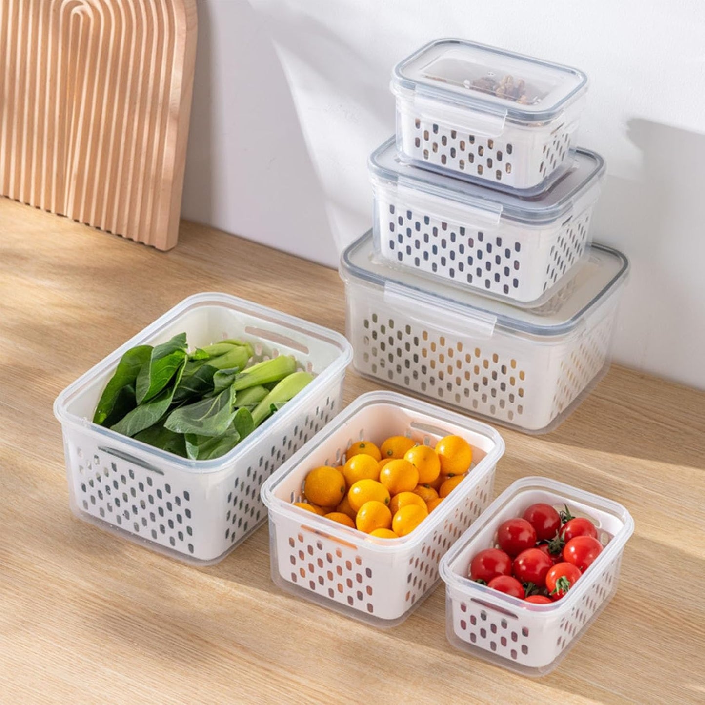 Skiennix Food Storage Containers - 4-in-1 Multipurpose with Removable Colander | Transparent Plastic (Gray, M+L)