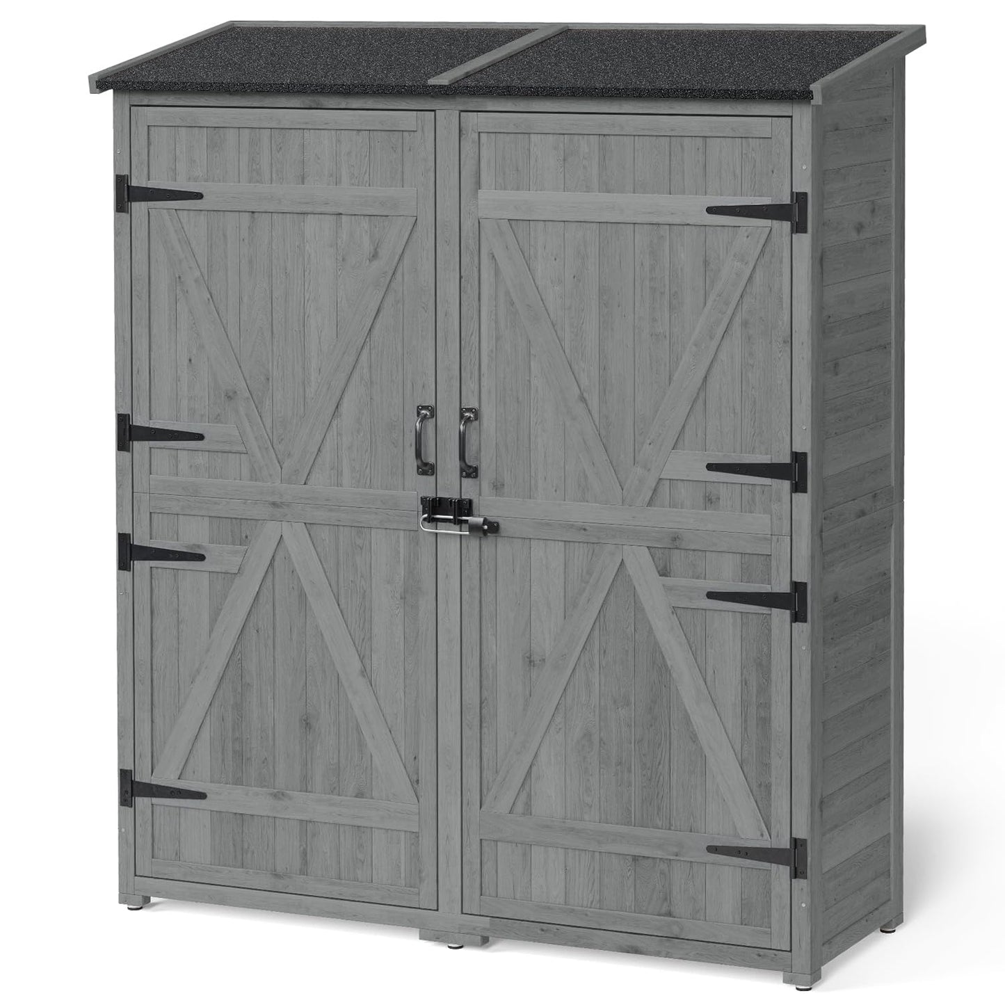 Gizoon Outdoor Storage Cabinet with Waterproof Roof, Double Lockable Doors Garden Shed with 2 Removable Shelves, Wooden Storage Shed with Large Storage Space for Patio, Garden, Backyard, Lawn, Grey