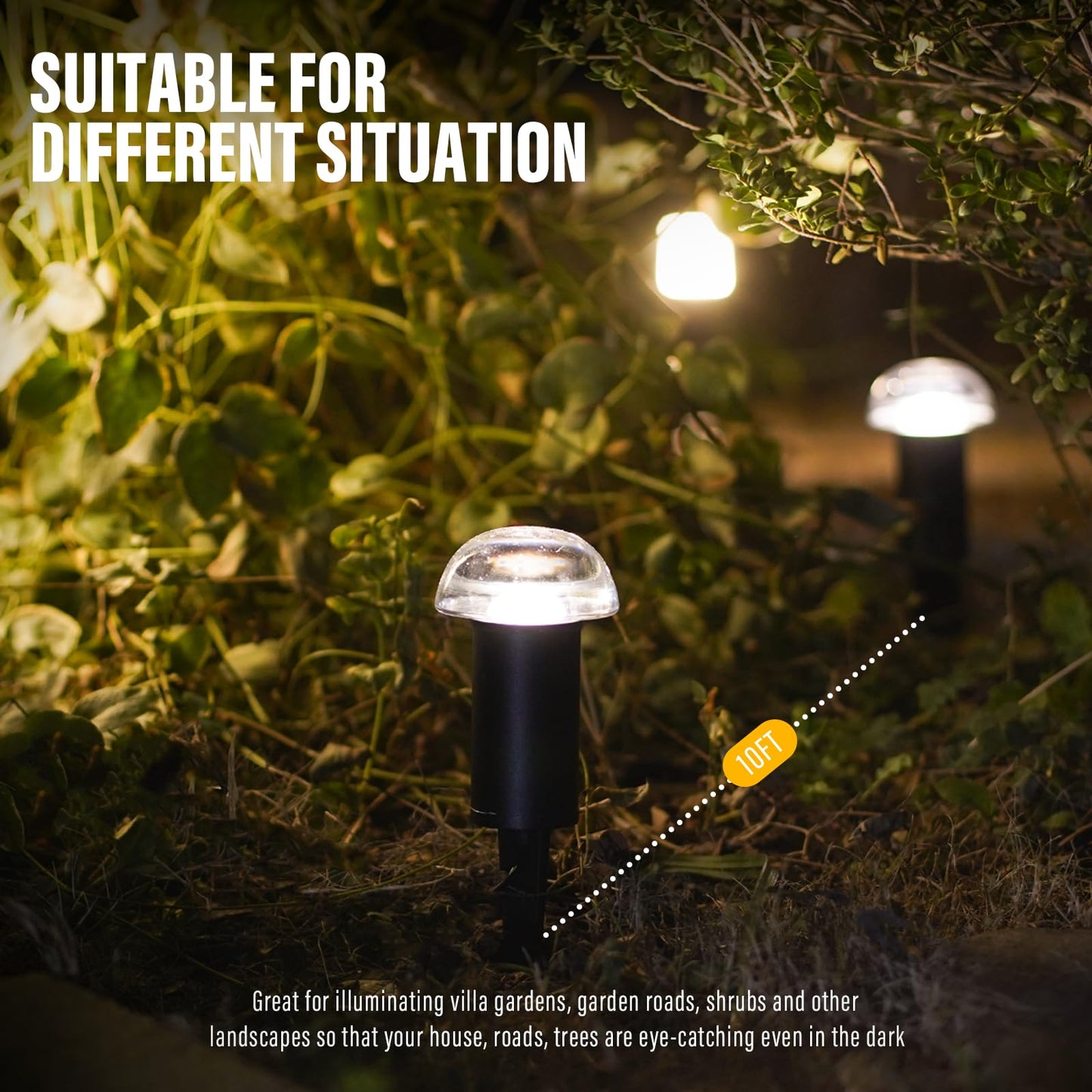 VENUS MANUFACTURING Low Voltage Landscape Pathway Lighting 6PK 1.5W LED Mushroom Lights 35Lumen Wired Walkway Light 3000K Warm White Driveway & Sideway Lights Metal Black Finish with Connector Stake