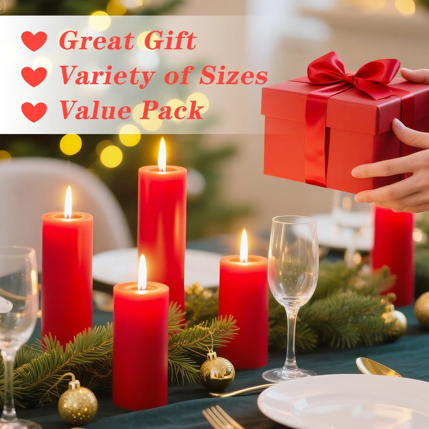 Veiuwa 36 Pcs Red Pillar Candles Bulk Set,Hurricane Candles,3 Different Lengths (12 Each),Dripless Unscented Smokeless,Gives You a Better Atmosphere When Organizing Wedding or Event Party.